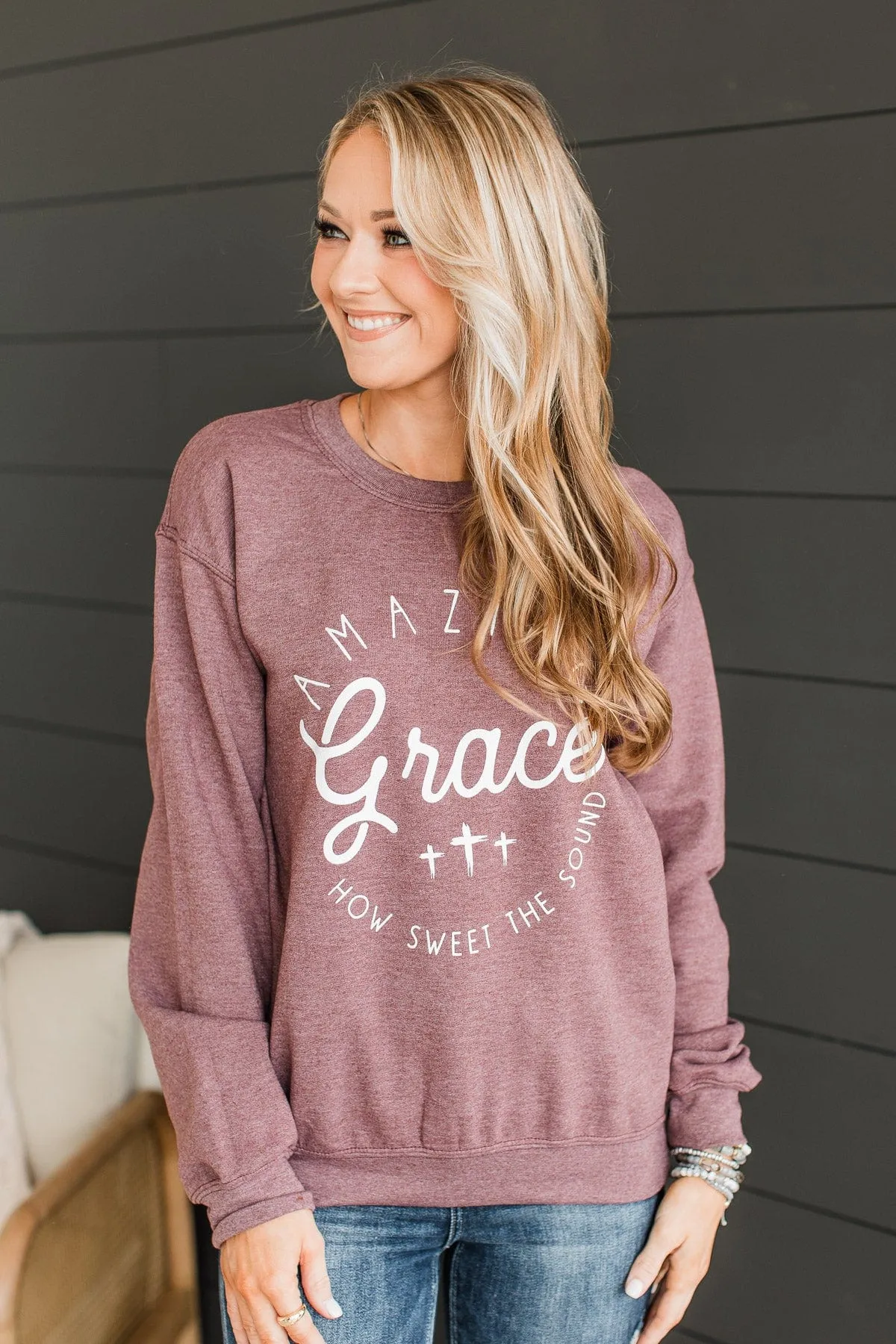 Amazing Grace Crew Neck Pullover- Plum