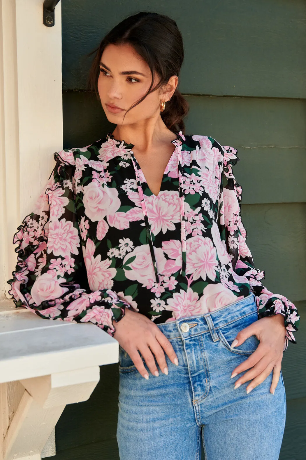 Angelica Floral Raj Ruffle Balloon Sleeve Blouse