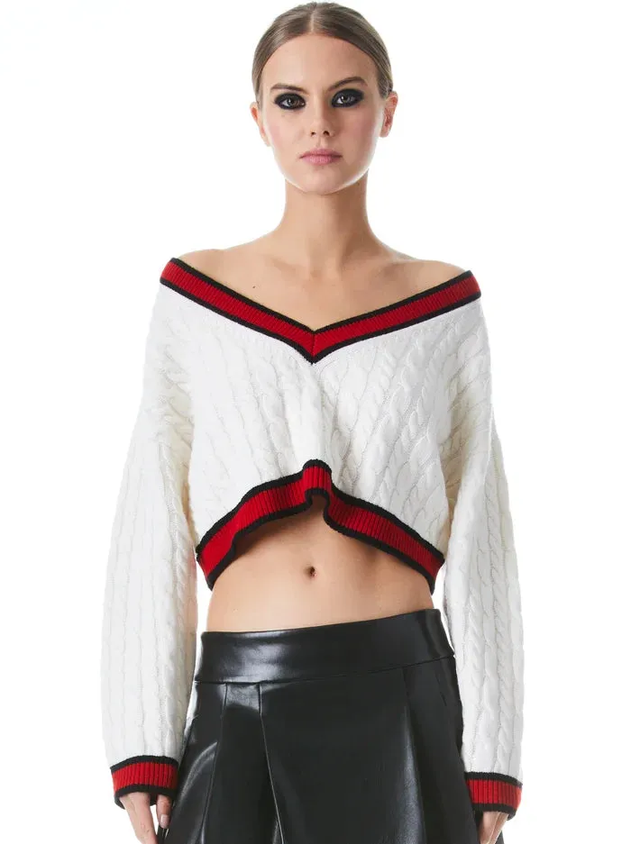 Ayden Cropped V Neck Pullover - Soft White / Perfect Ruby