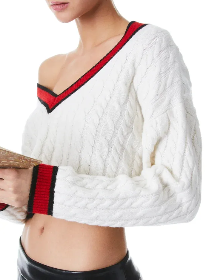 Ayden Cropped V Neck Pullover - Soft White / Perfect Ruby