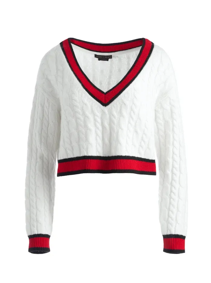 Ayden Cropped V Neck Pullover - Soft White / Perfect Ruby