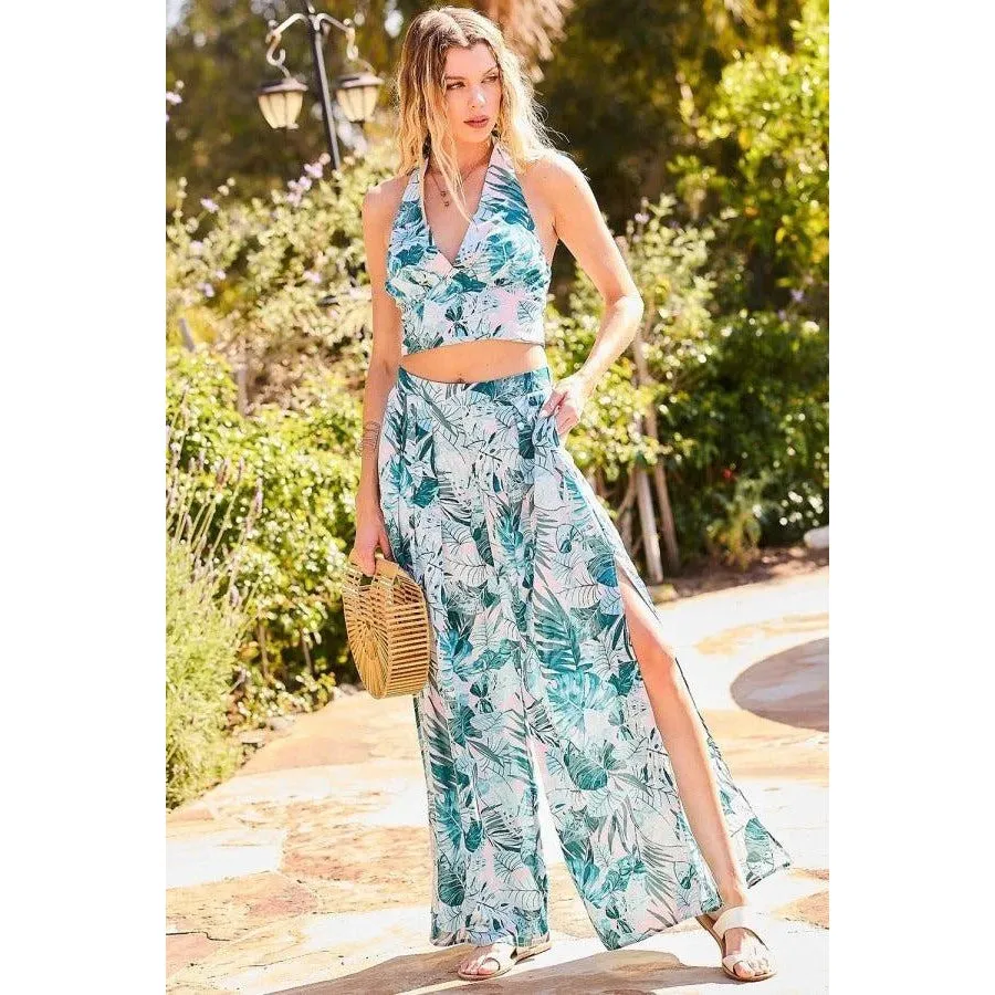 Back Elastic Waist Band Side Pockets Pleat Side Open Slit Tropical Print Pants