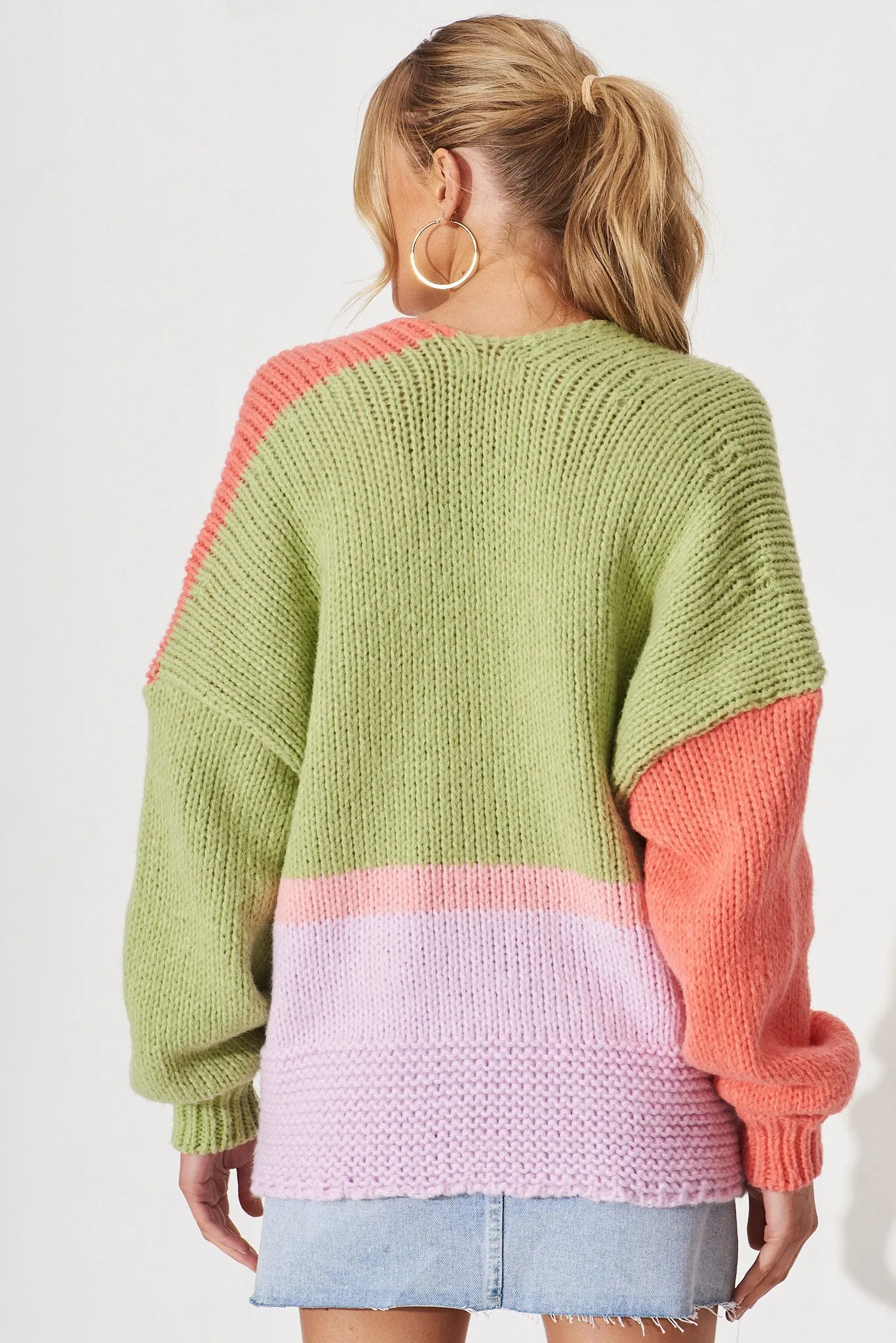 Bane Knit Cardigan In Green Colour Block Multi Wool Blend