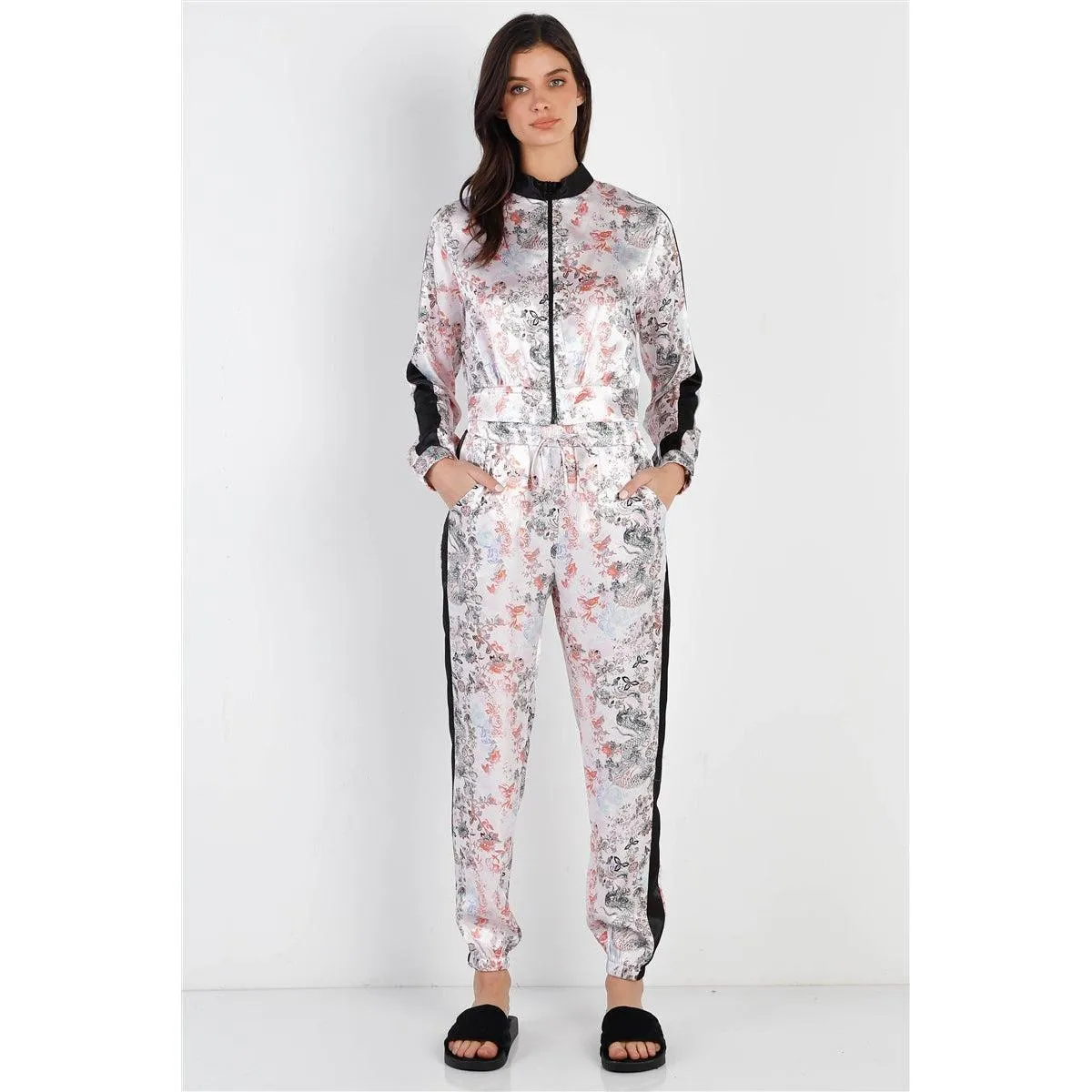 Black Contrast Satin Effect Multi Color Print Zip-up Jacket & Pants Set