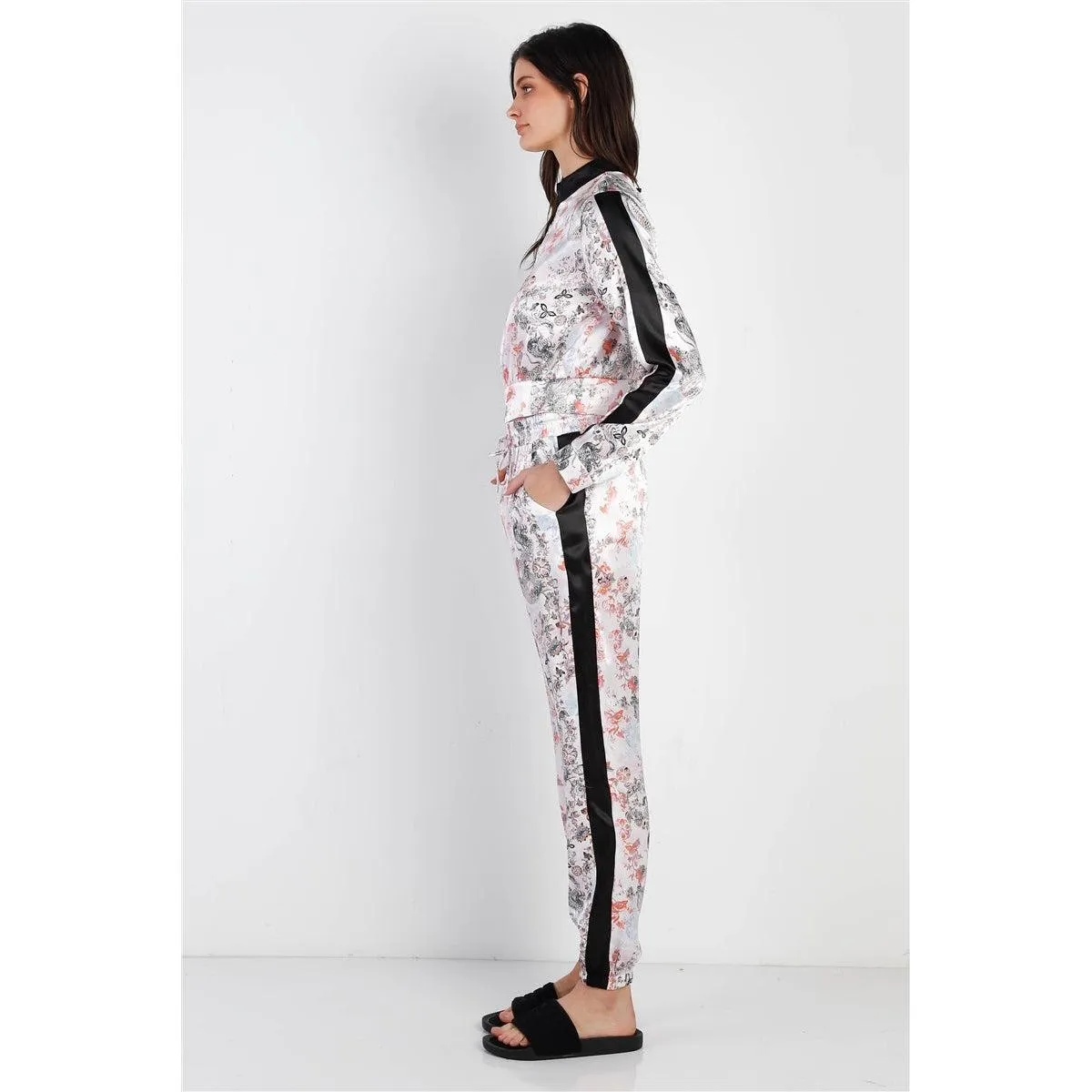 Black Contrast Satin Effect Multi Color Print Zip-up Jacket & Pants Set