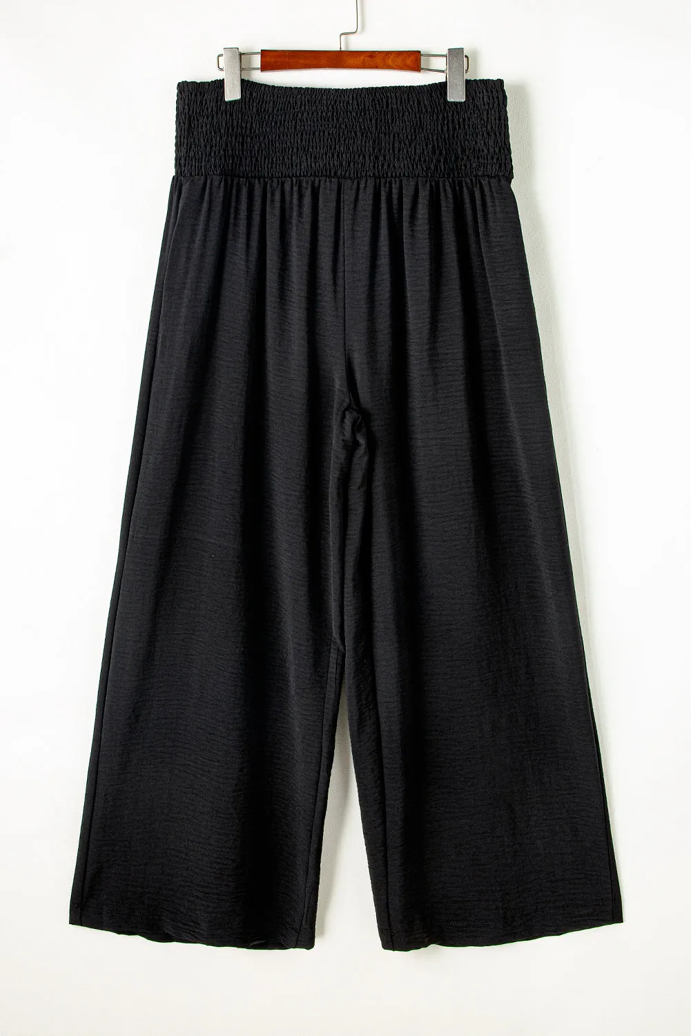 Black Shirred High Waist Plus Size Wide Leg Pants