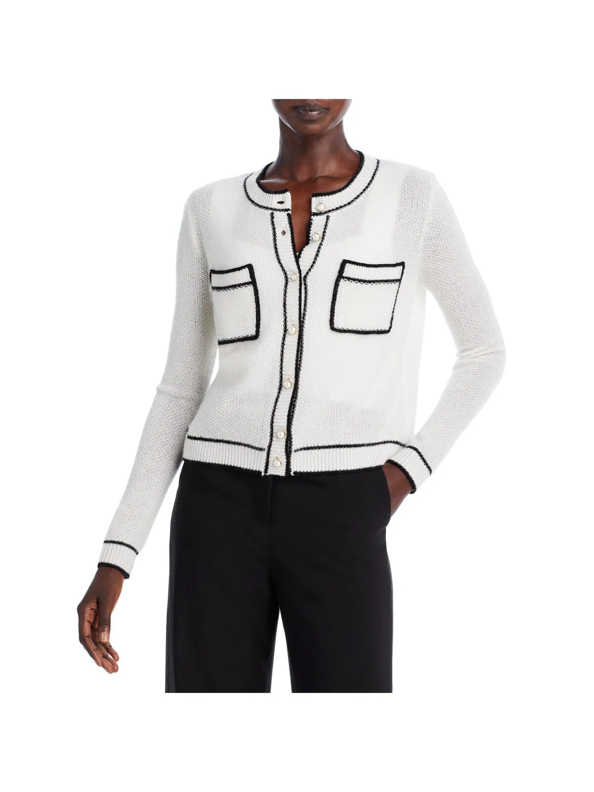 C Womens Ivory Pocketed Contrast Ribbed Trim Long Sleeve Crew Neck Wear To Work Button Up Cardigan