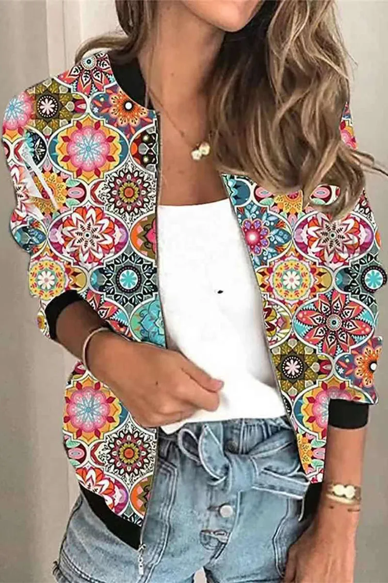 Casual Print Patchwork O Neck Outerwear