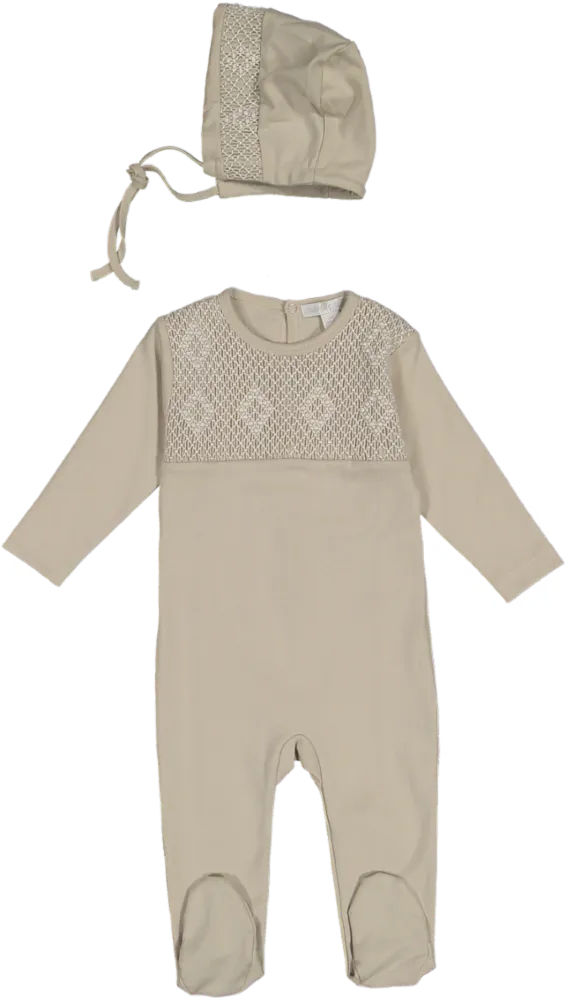 CJ30020-FOOTIE/BONNET SET-Oatmeal/Smock