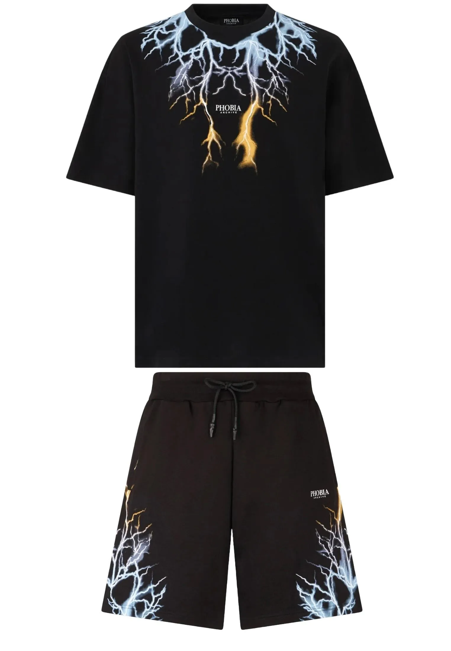 Completo estivo PHOBIA ARCHIVE t-shirt + pantaloncino fulmini blu/giallo nero