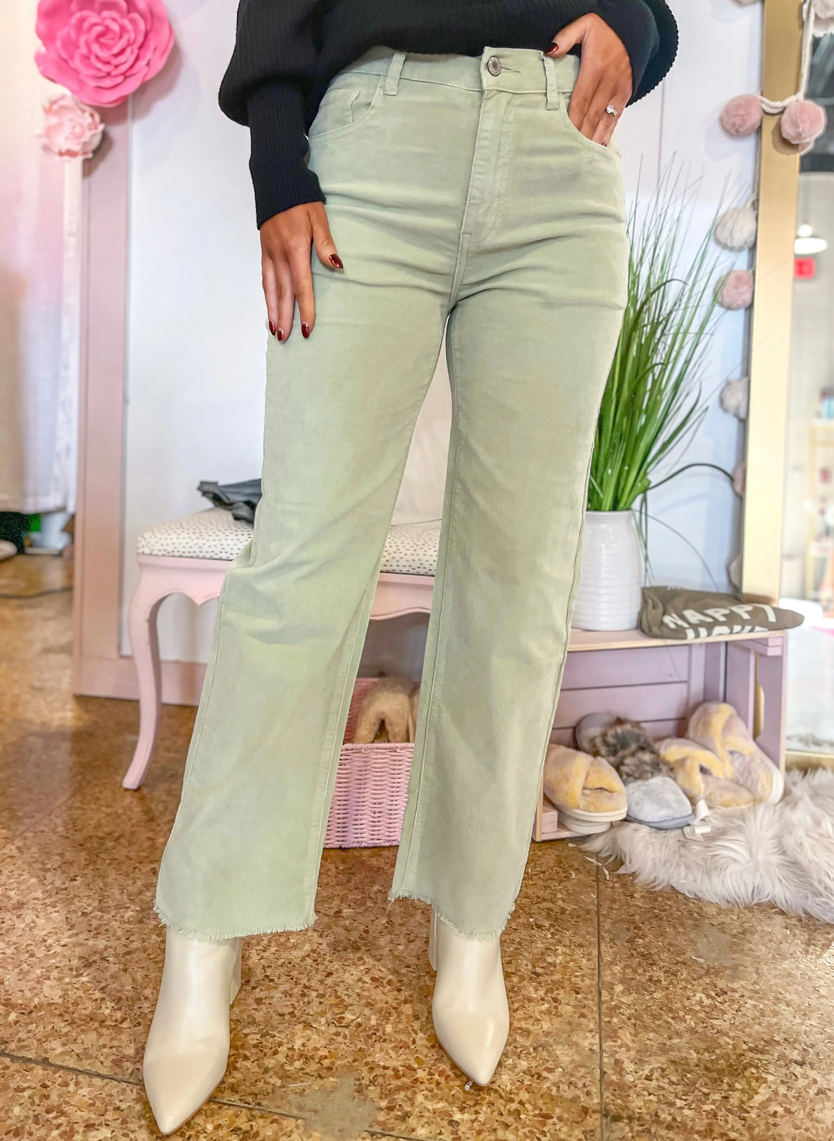 Corduroy Pants with Distressed Hem - Sage