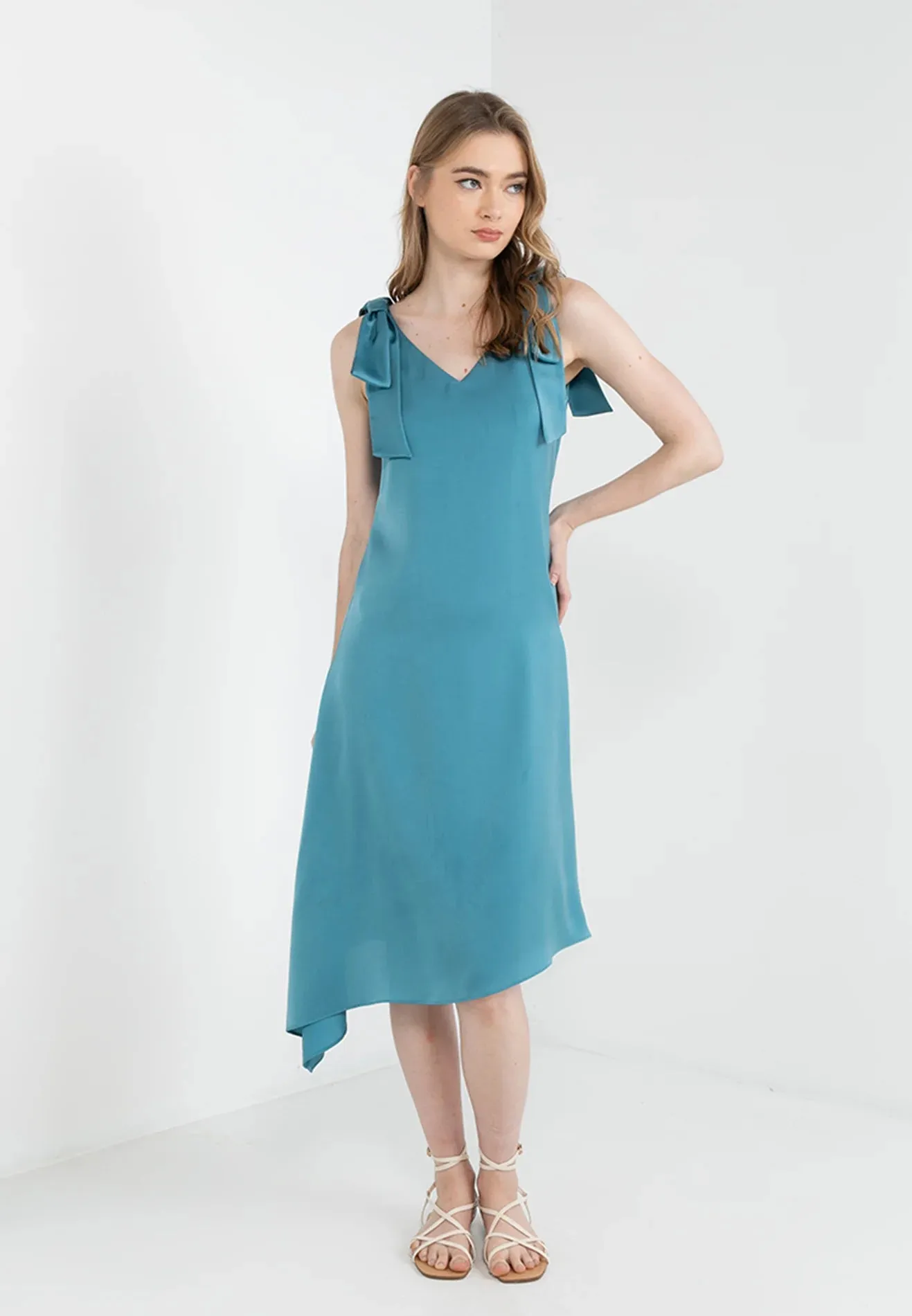 ELLE Apparel Ribbon Tie Shoulder Satin Dress