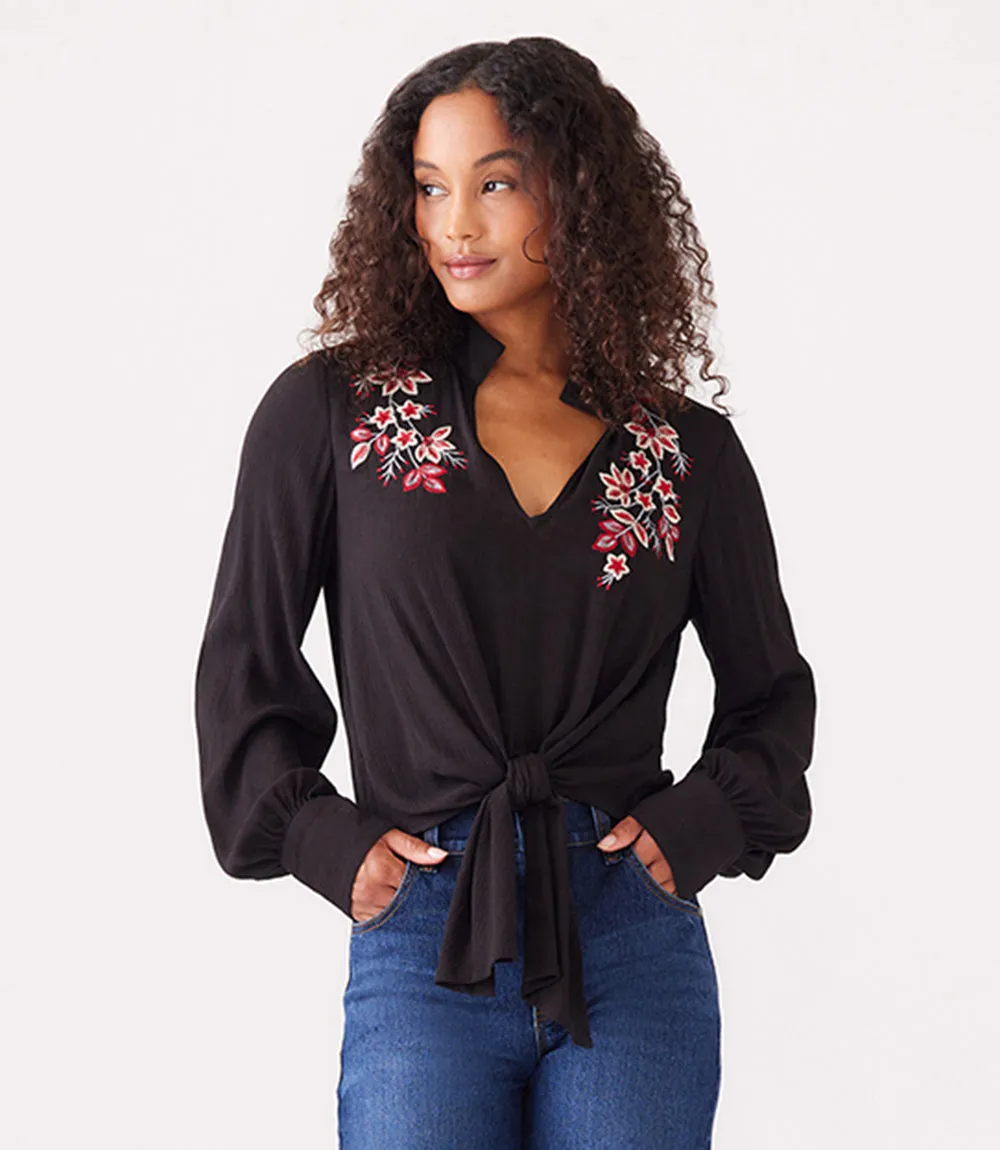 Embroidered Tie Front Top