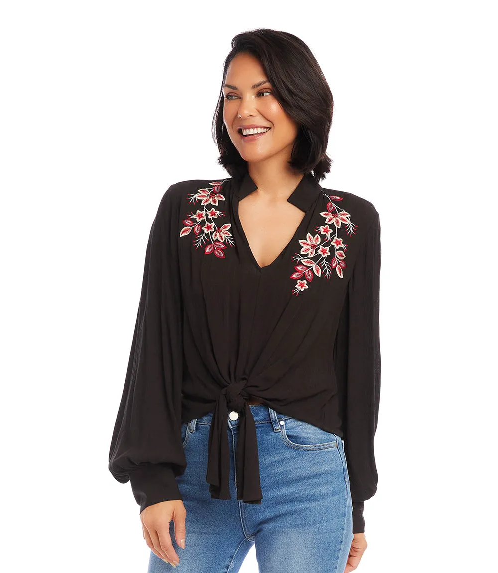 Embroidered Tie Front Top