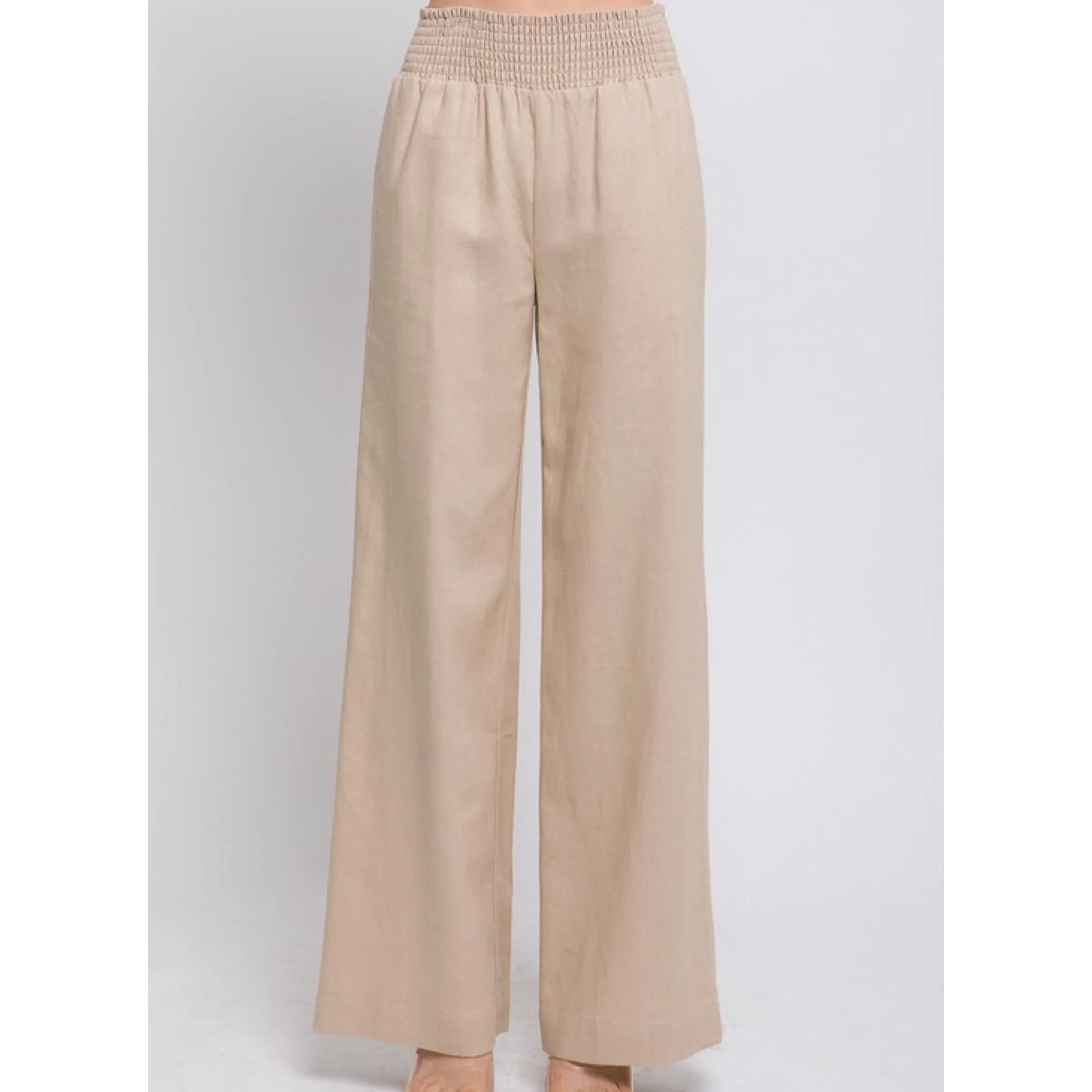 Every Day Linen Pants With Smocked Waistband Khaki