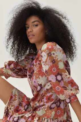 Floral Print High Neck Mini Smock Dress