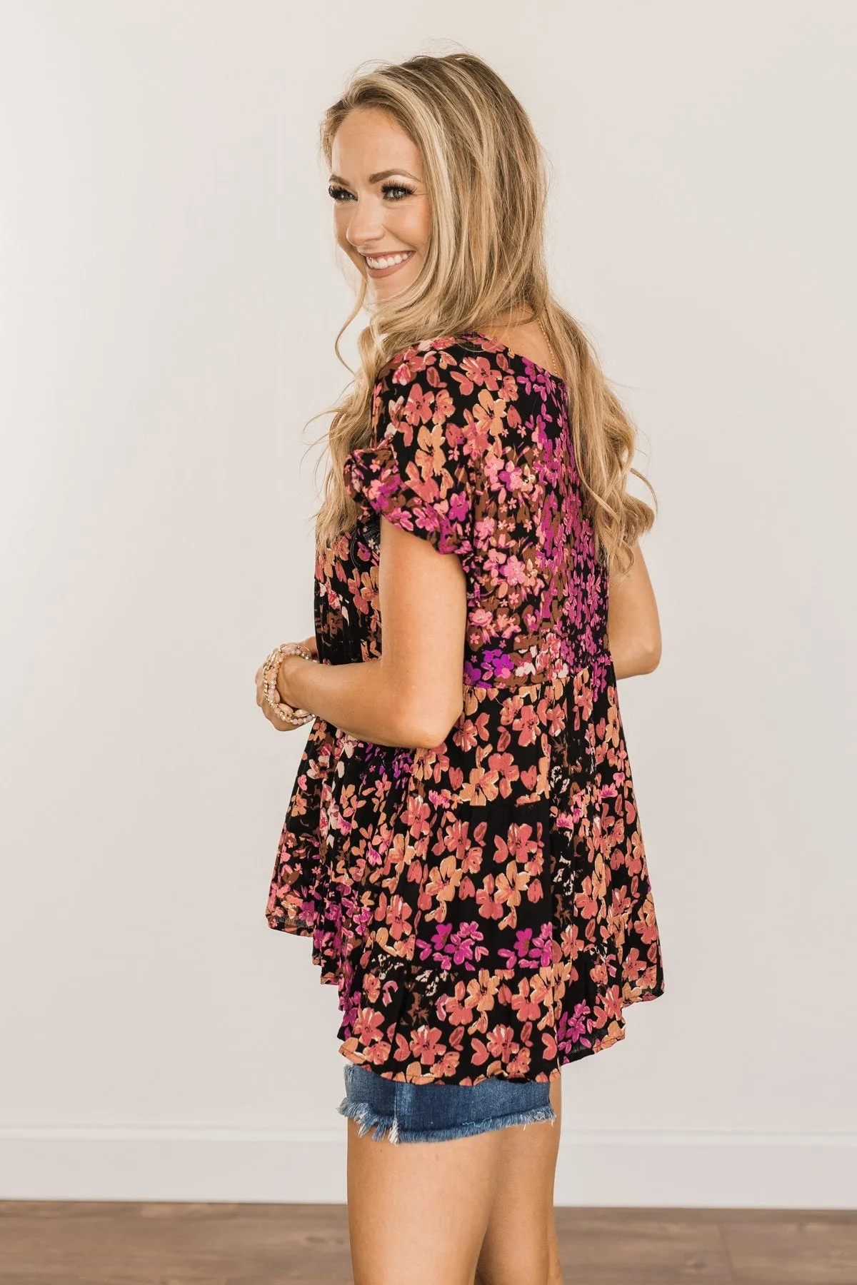 Flowers Of Summer Floral Ruffle Blouse- Black