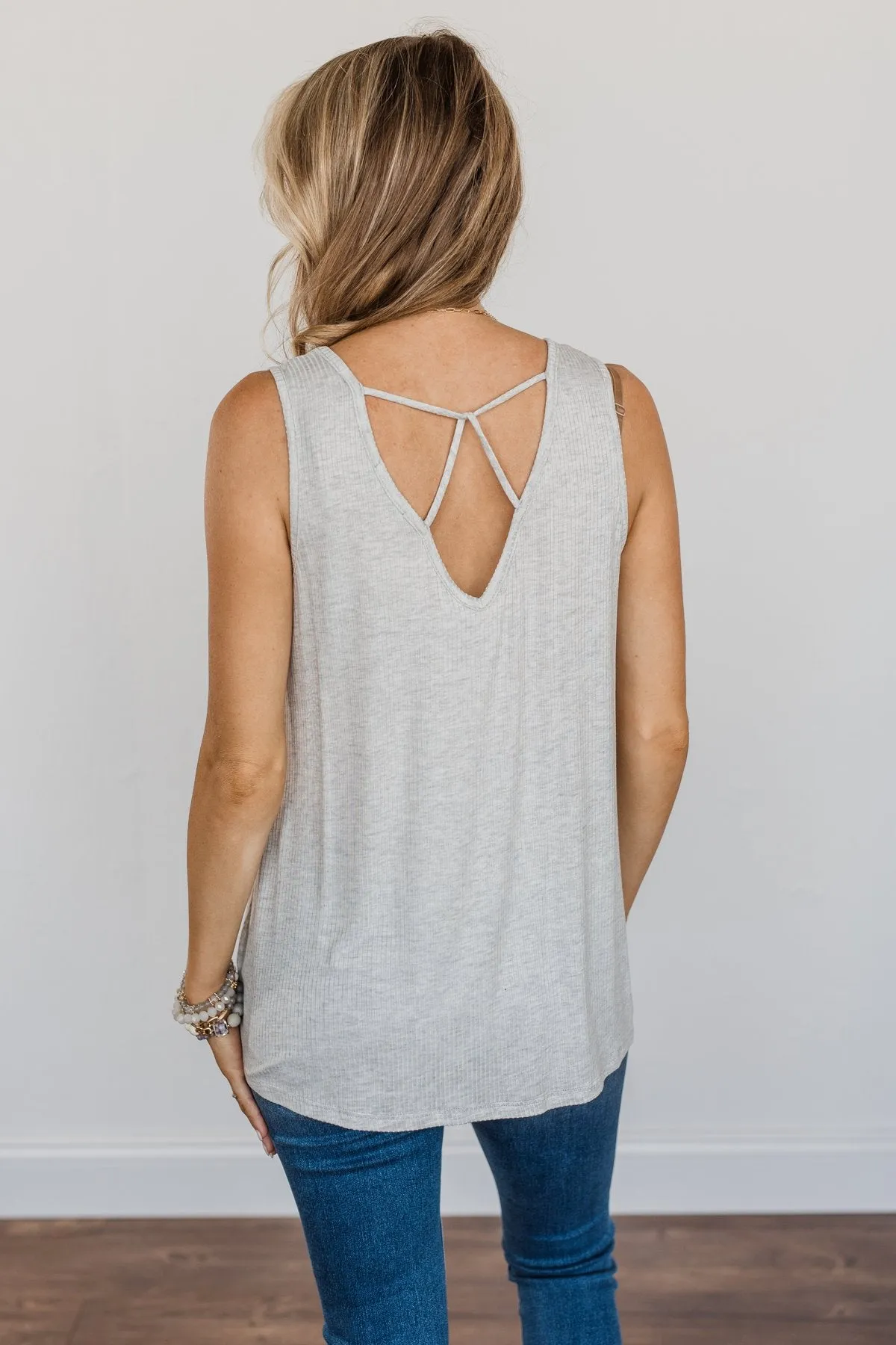 Forever Friends V-Neck Pocket Tank Top- Light Grey