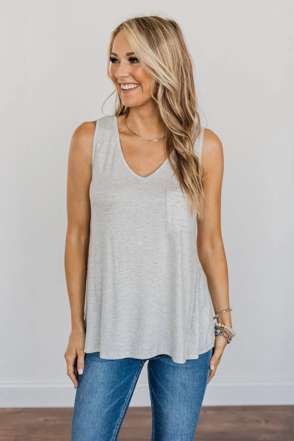 Forever Friends V-Neck Pocket Tank Top- Light Grey