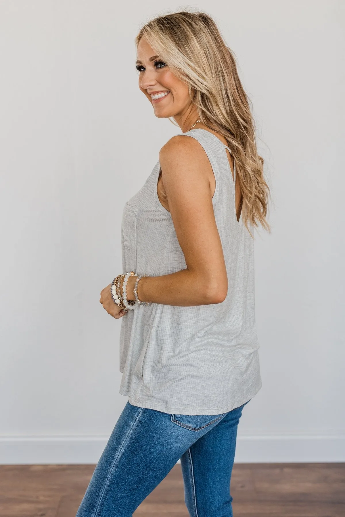 Forever Friends V-Neck Pocket Tank Top- Light Grey