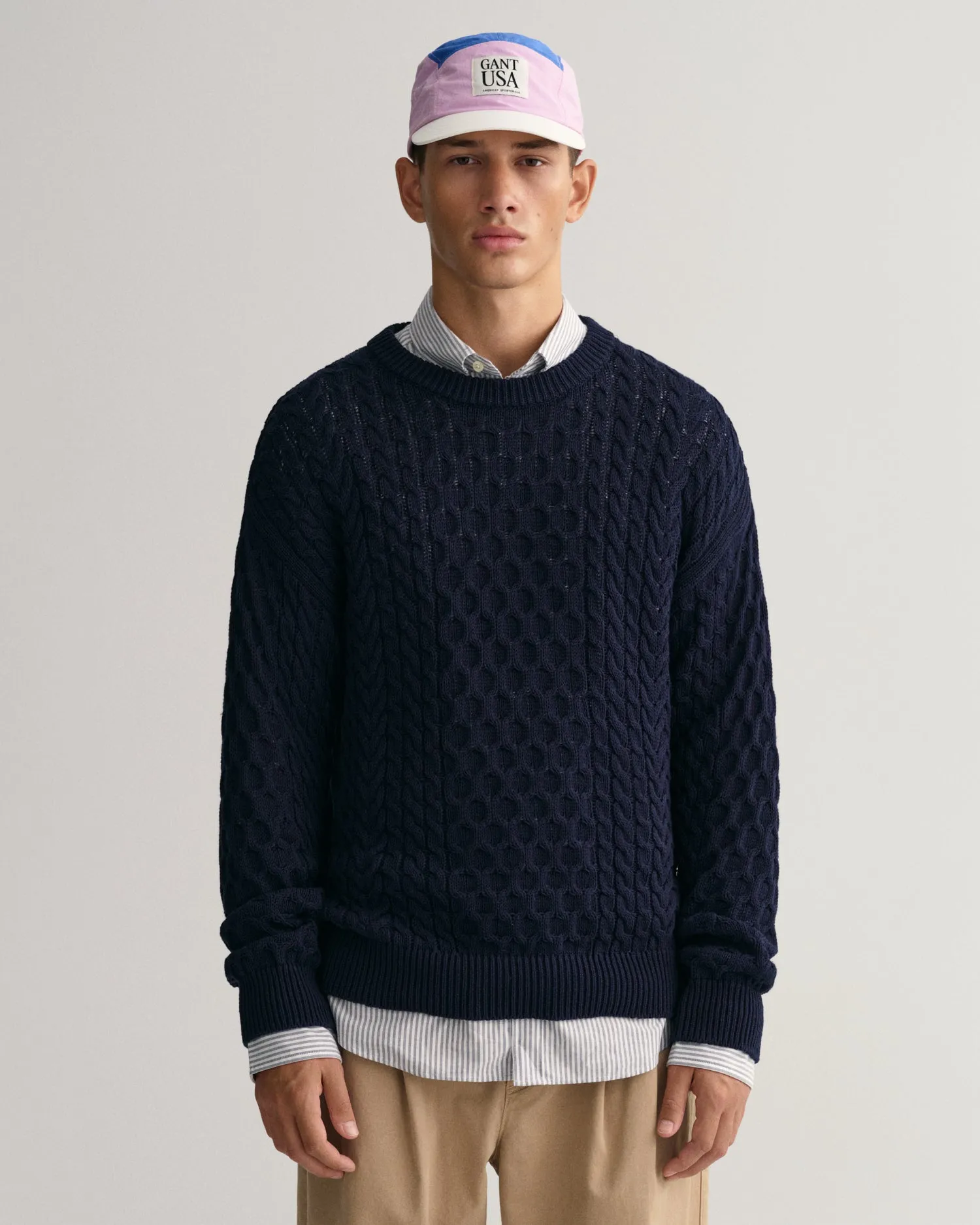 Gant Cotton Cable Crew Neck Pullover Evening Blue