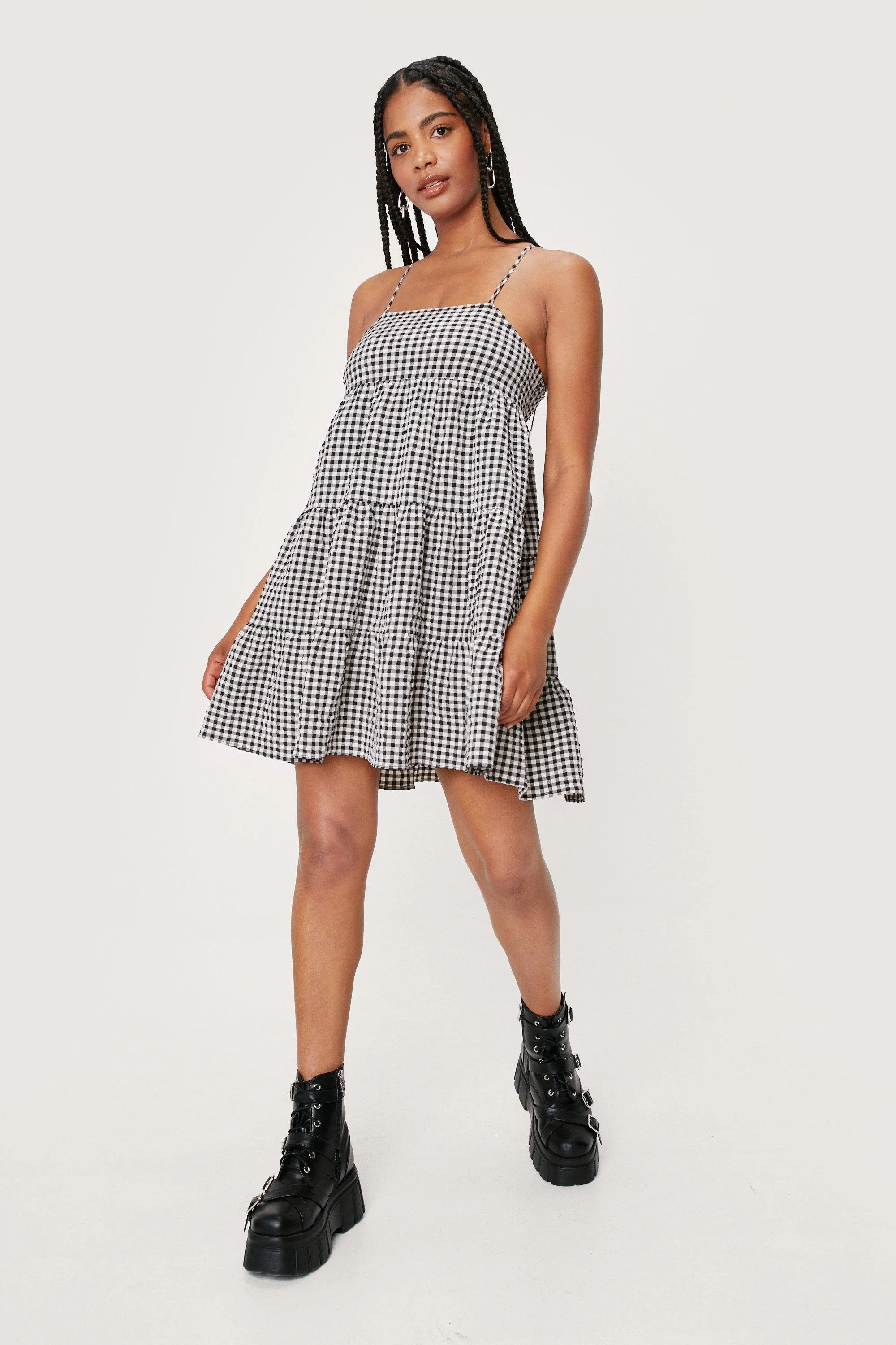 Gingham Tiered Mini Smock Dress