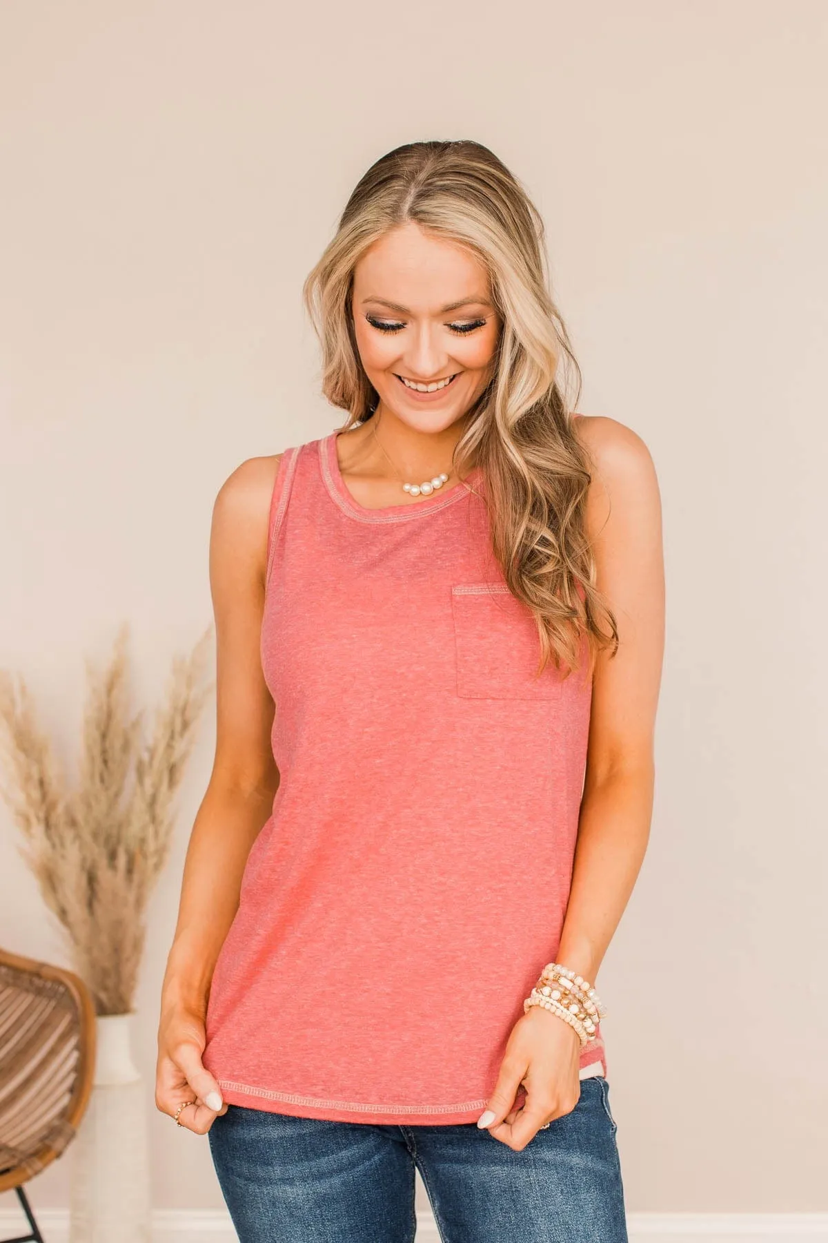 Good Things Take Time Pocket Tank Top- Hot Coral