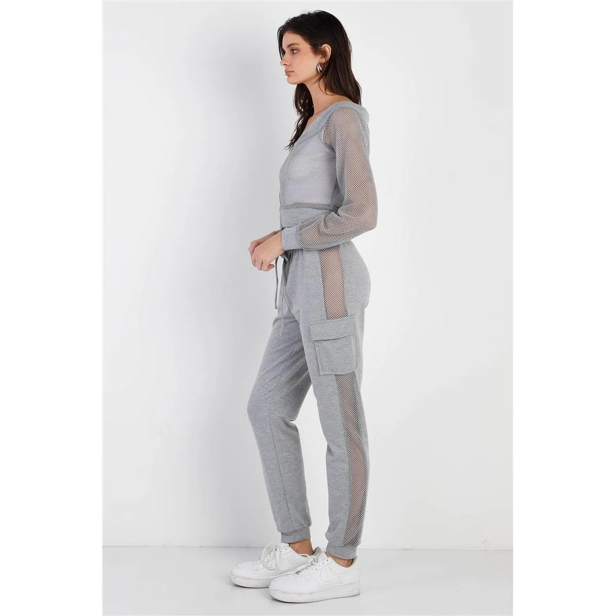 Heather Grey Contrast Fishnet Zip-up Top & Pants Set