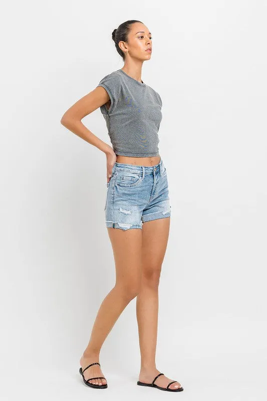 High Rise Cuffed Stretch Shorts