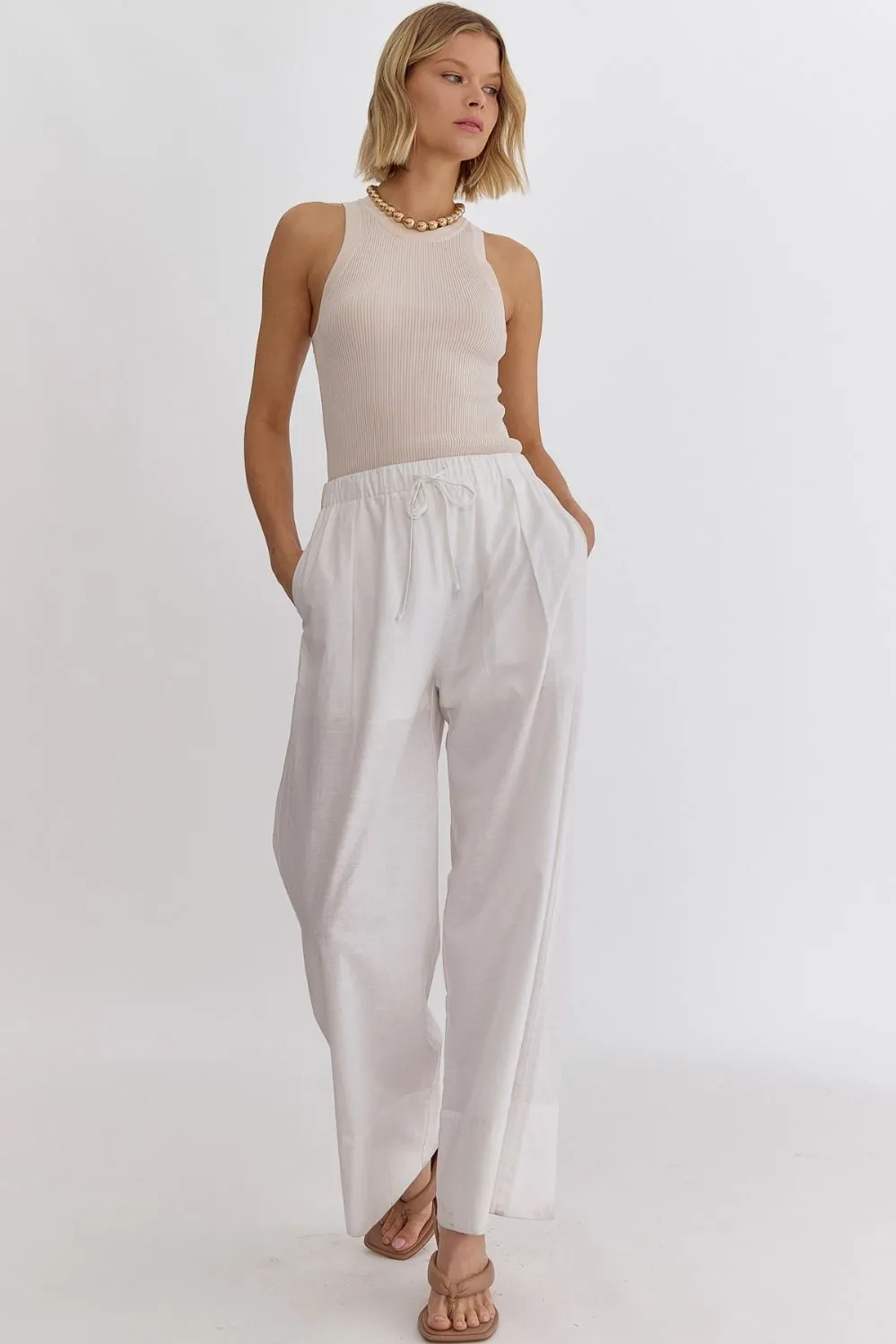 High Waisted Wide Leg Pants- Off White