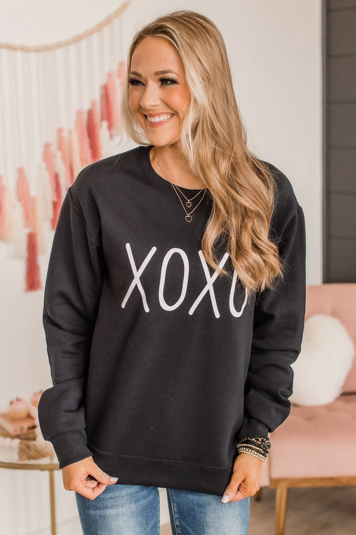 Hugs & Kisses XOXO Graphic Pullover- Black