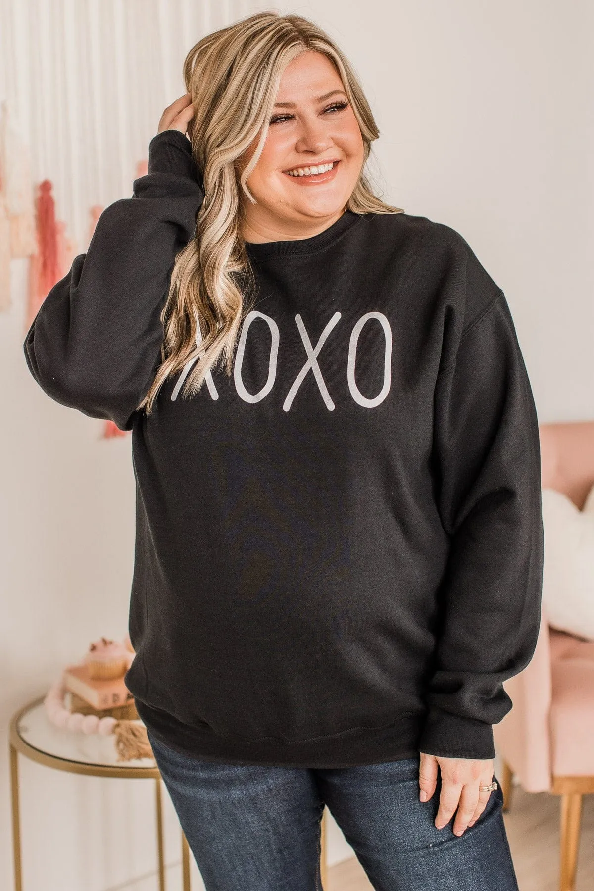 Hugs & Kisses XOXO Graphic Pullover- Black