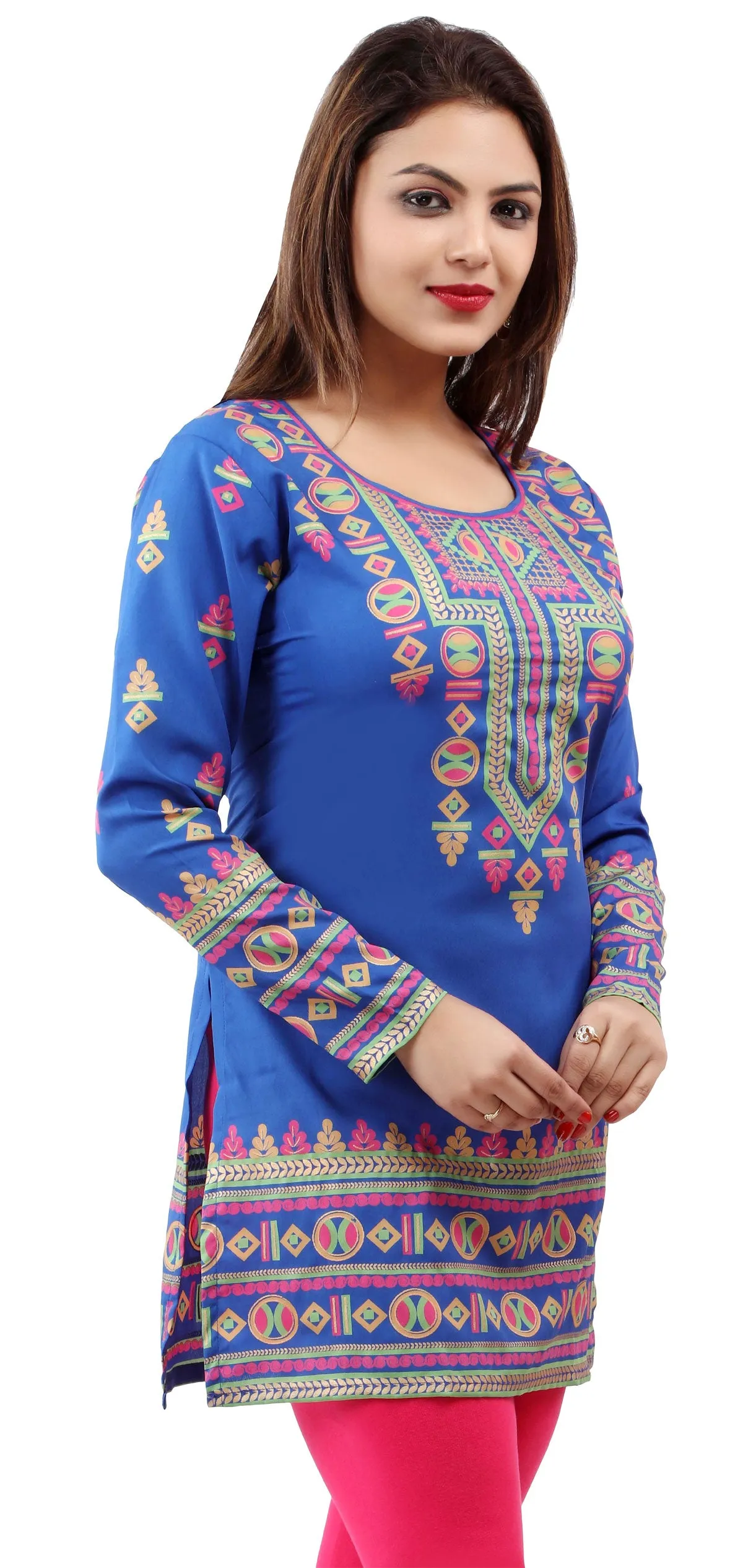 India Kurti Tunic Top Womens Printed Indian Apparel (Blue)