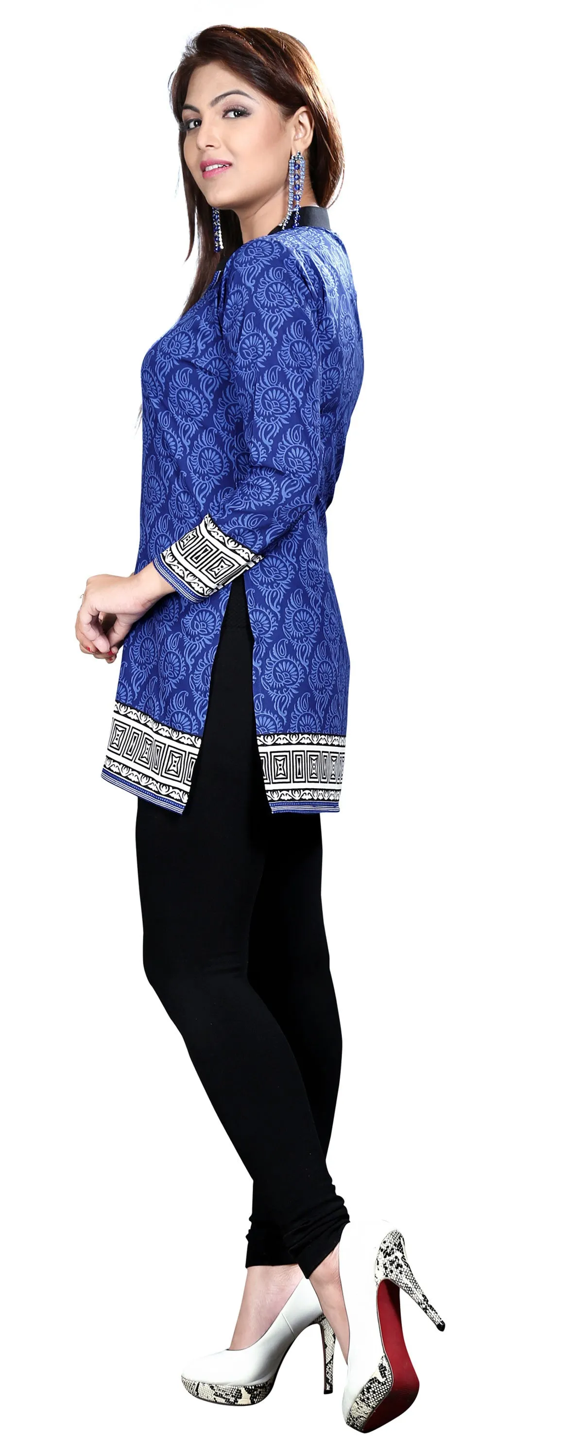 Indian Long Tunics Kurti Top Blouse Womens India Apparel (Blue)