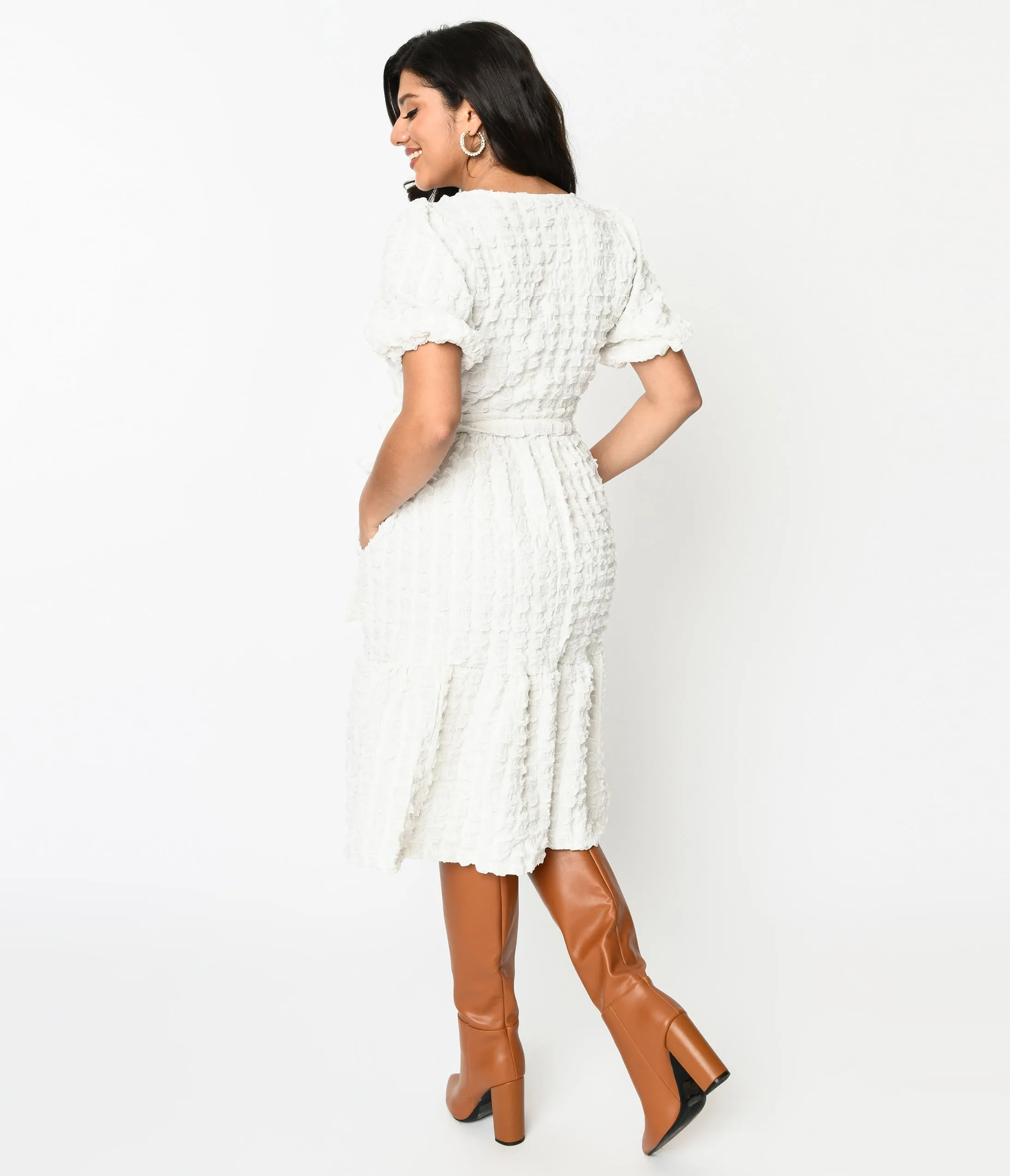 Ivory Textured Smock Fit & Flare Dress