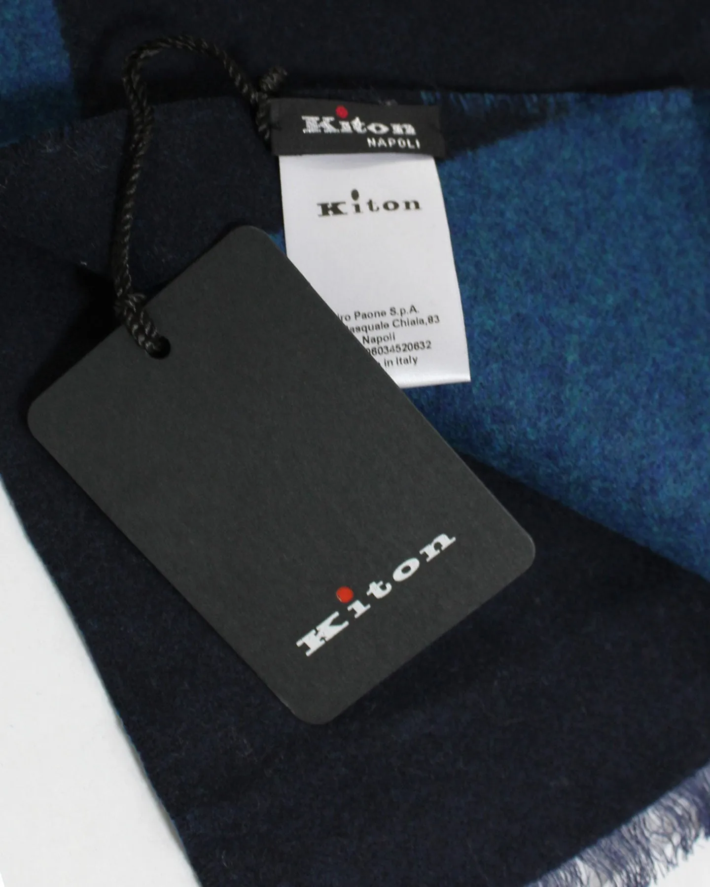 Kiton Wool Cashmere Scarf Midnight Blue Black Kiton Logo Text