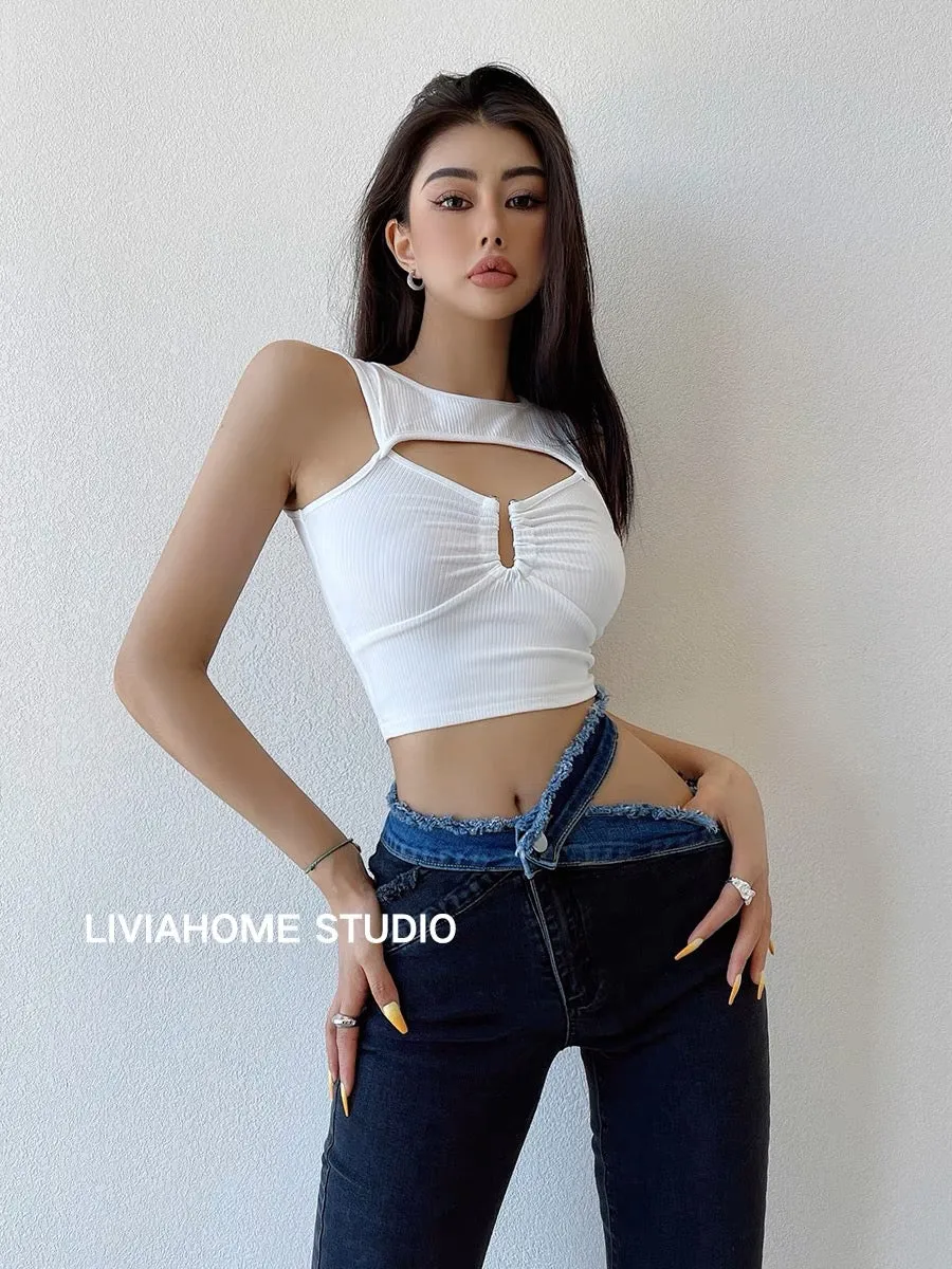 liviahome Design Sexy Hot Girl Hollow Vest Women's Off-Shoulder Outerwear Short Solid Color Tight Top (T194)