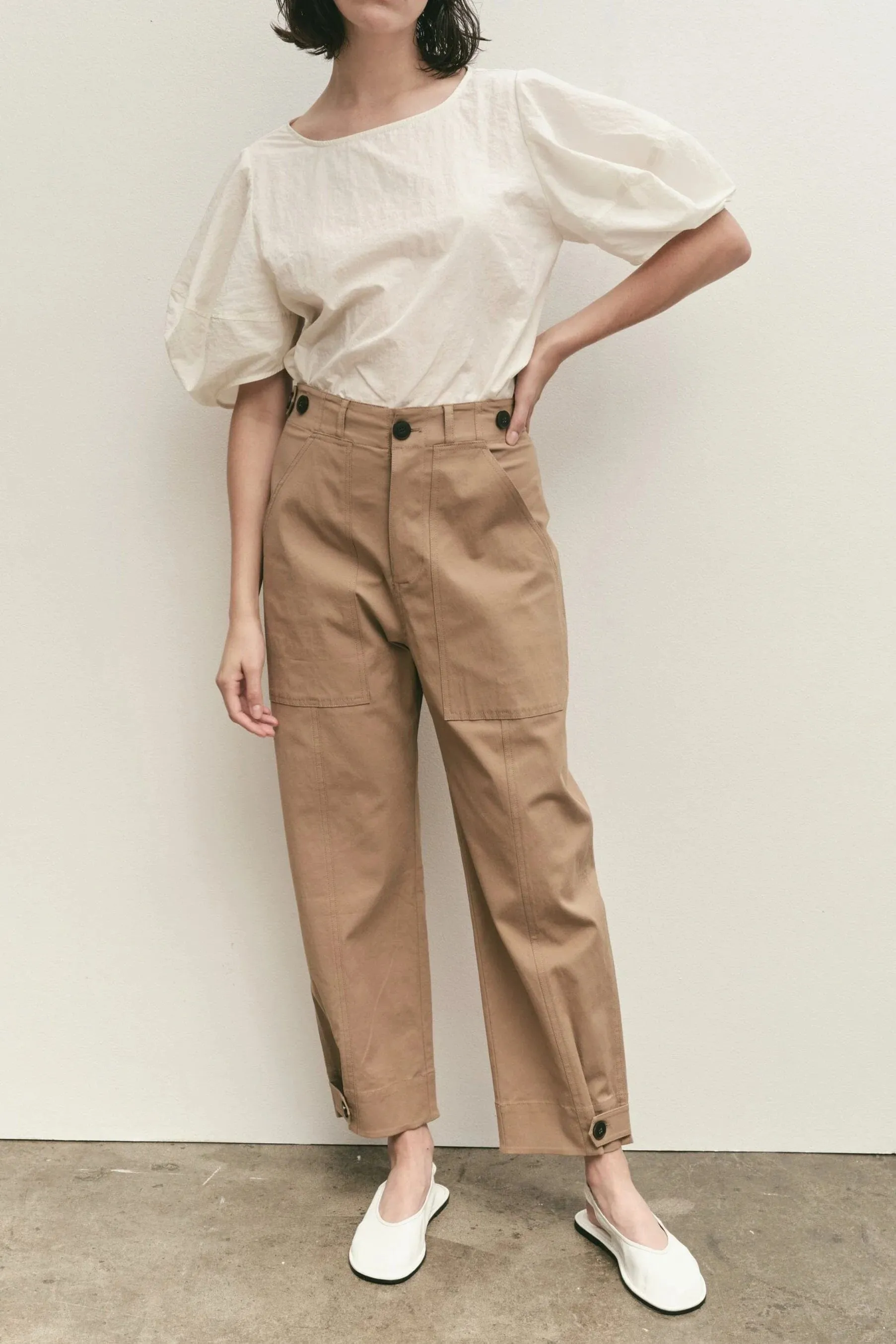 Mijeong Park Cropped Workwear Pants in Camel