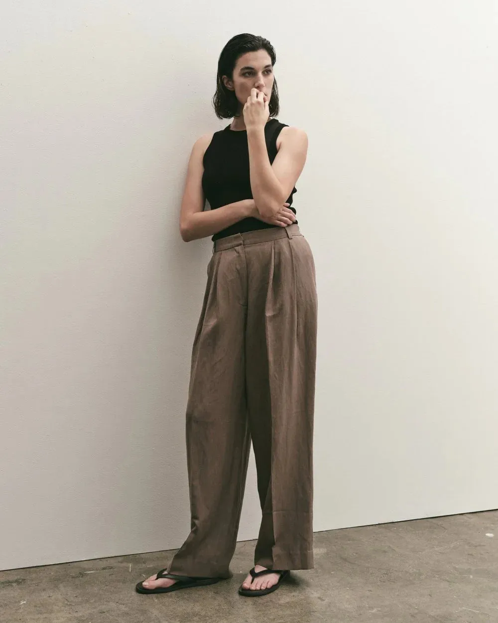 Mijeong Park Linen Blend Wide Leg Pants in Dark