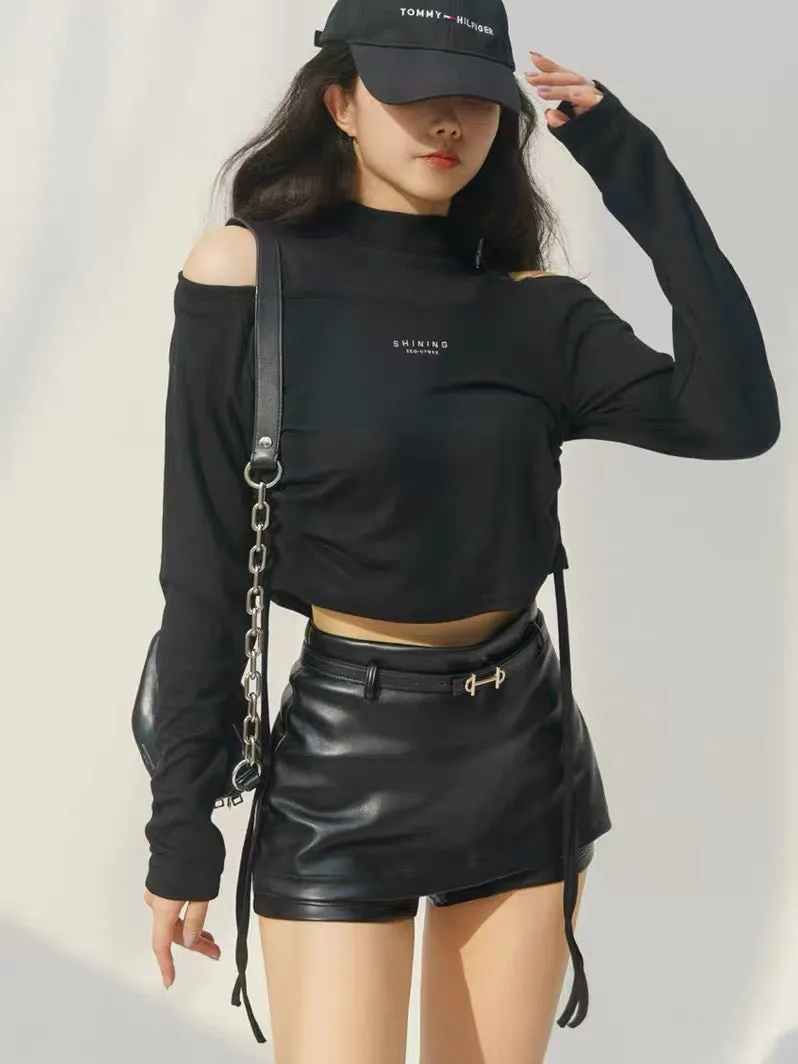 MOONA black leather pants shorts for women to wear as outerwear in autumn, high-waisted and slim, European and American slim-fit