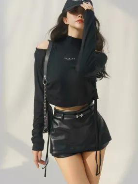 MOONA black leather pants shorts for women to wear as outerwear in autumn, high-waisted and slim, European and American slim-fit