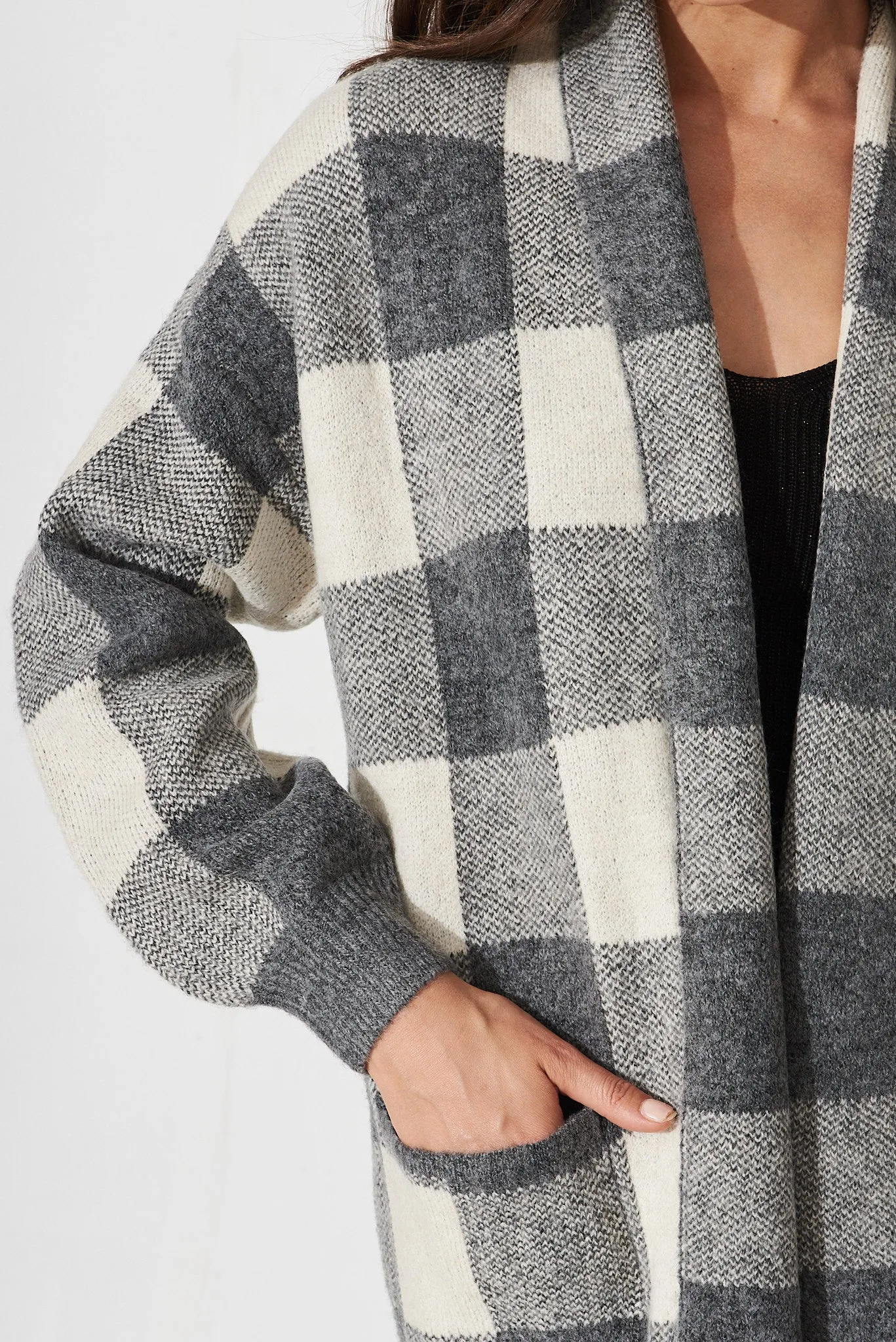 Morden Knit Cardigan In Black Gingham Wool Blend