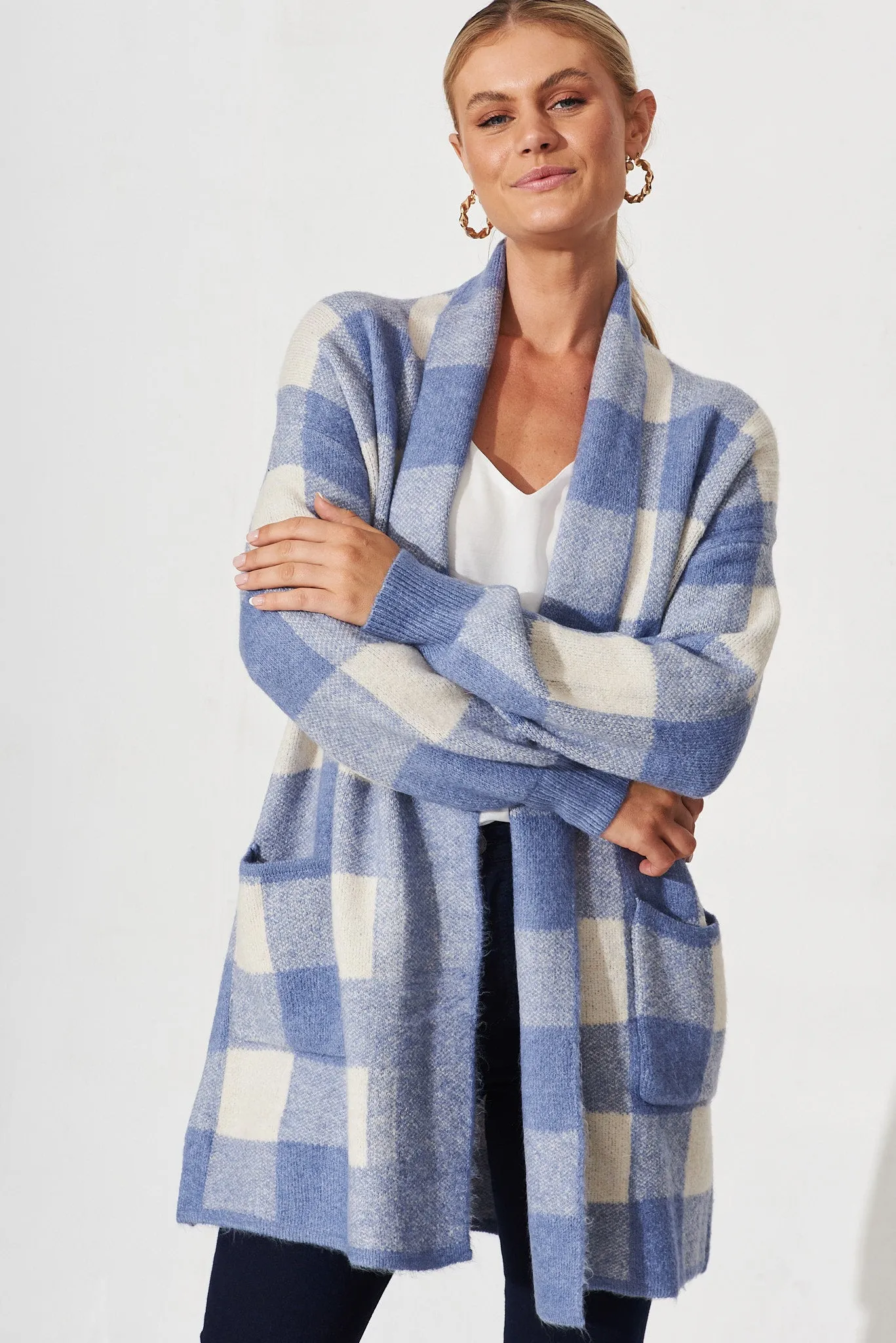 Morden Knit Cardigan In Blue Gingham Wool Blend