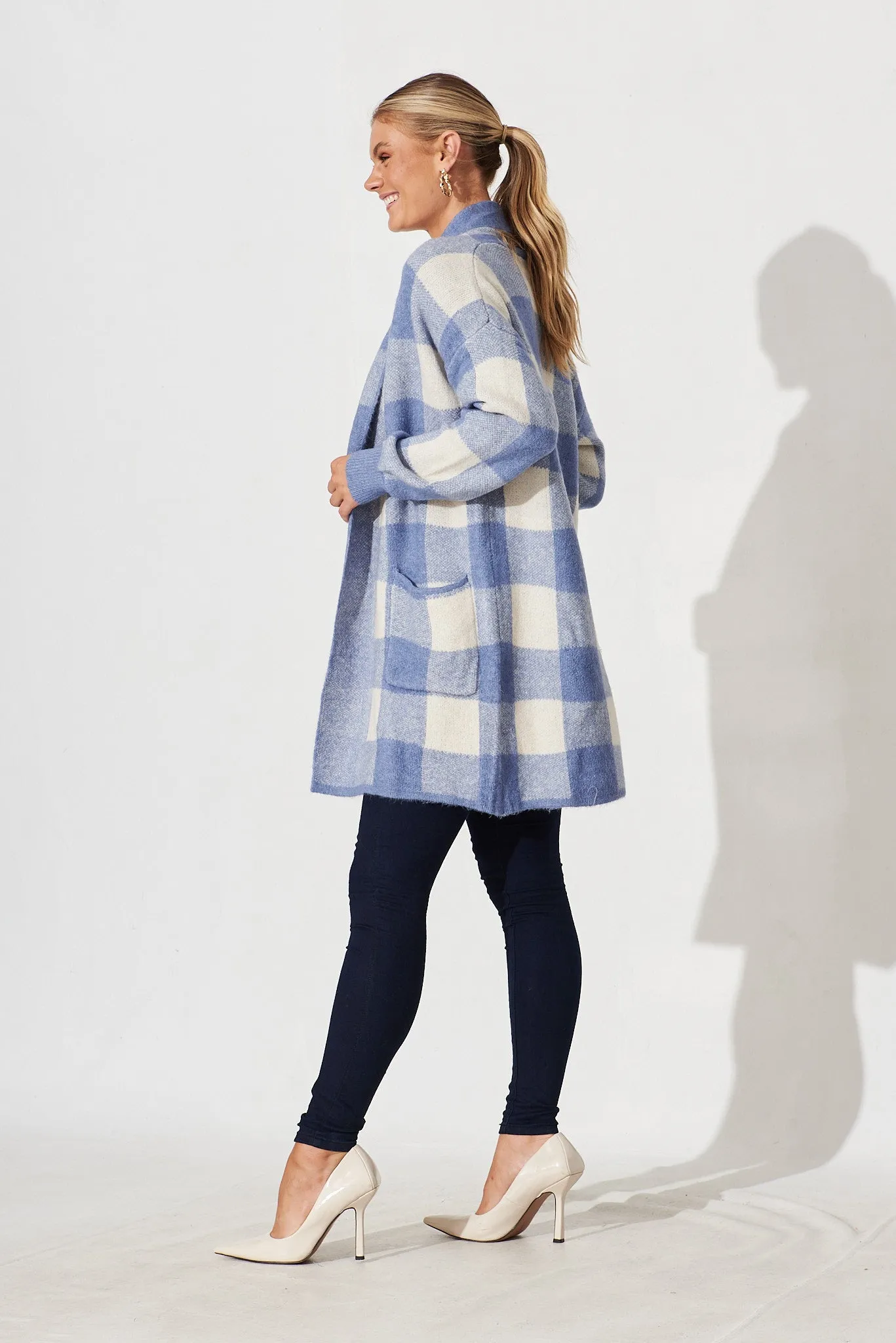 Morden Knit Cardigan In Blue Gingham Wool Blend