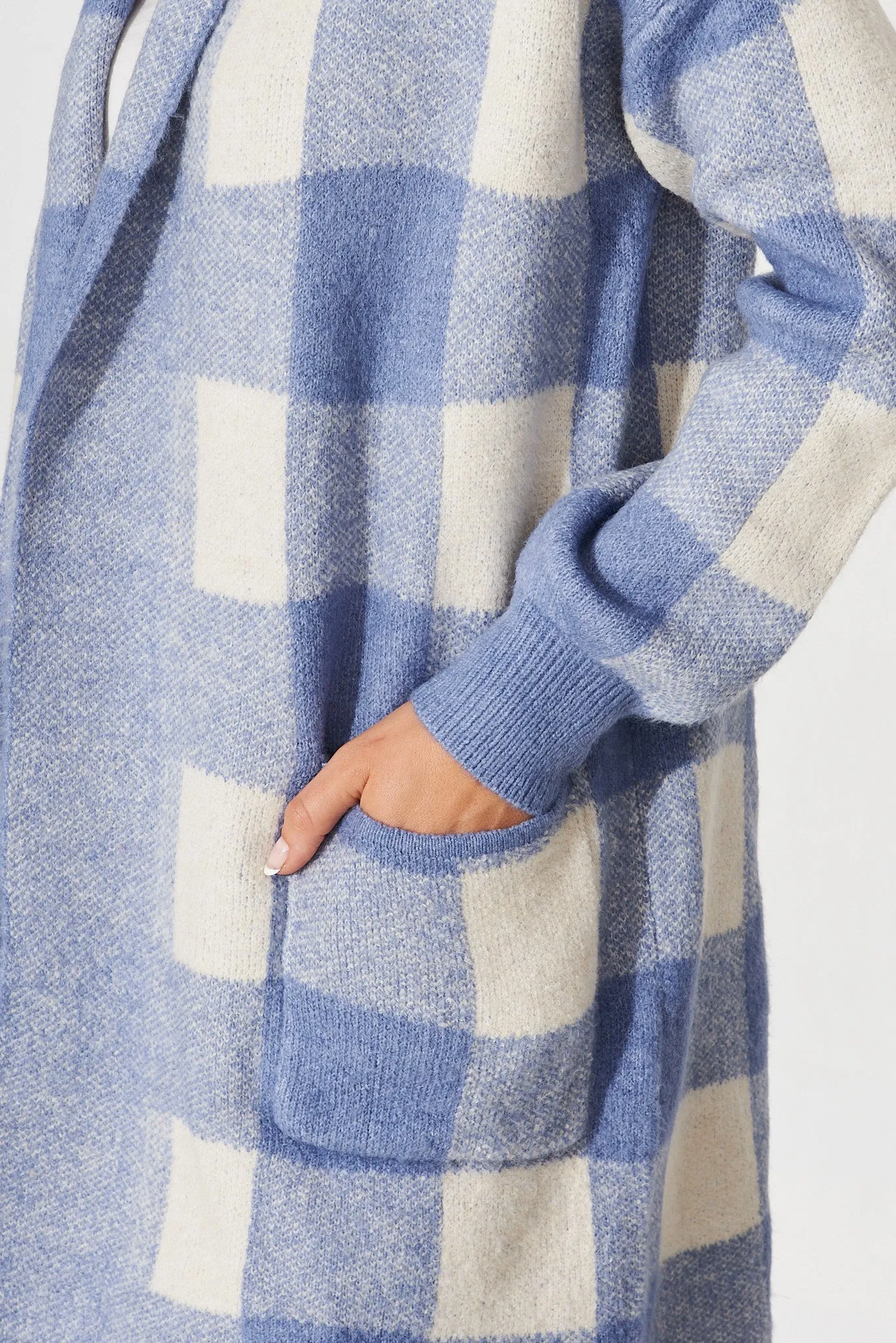 Morden Knit Cardigan In Blue Gingham Wool Blend