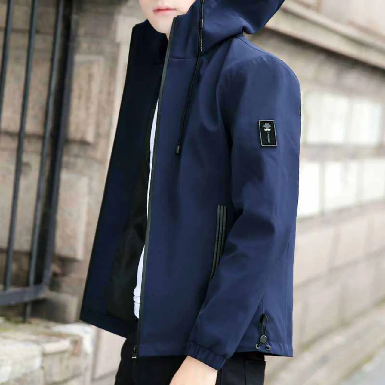 Navy label pattern long sleeve zip jacket hoodies