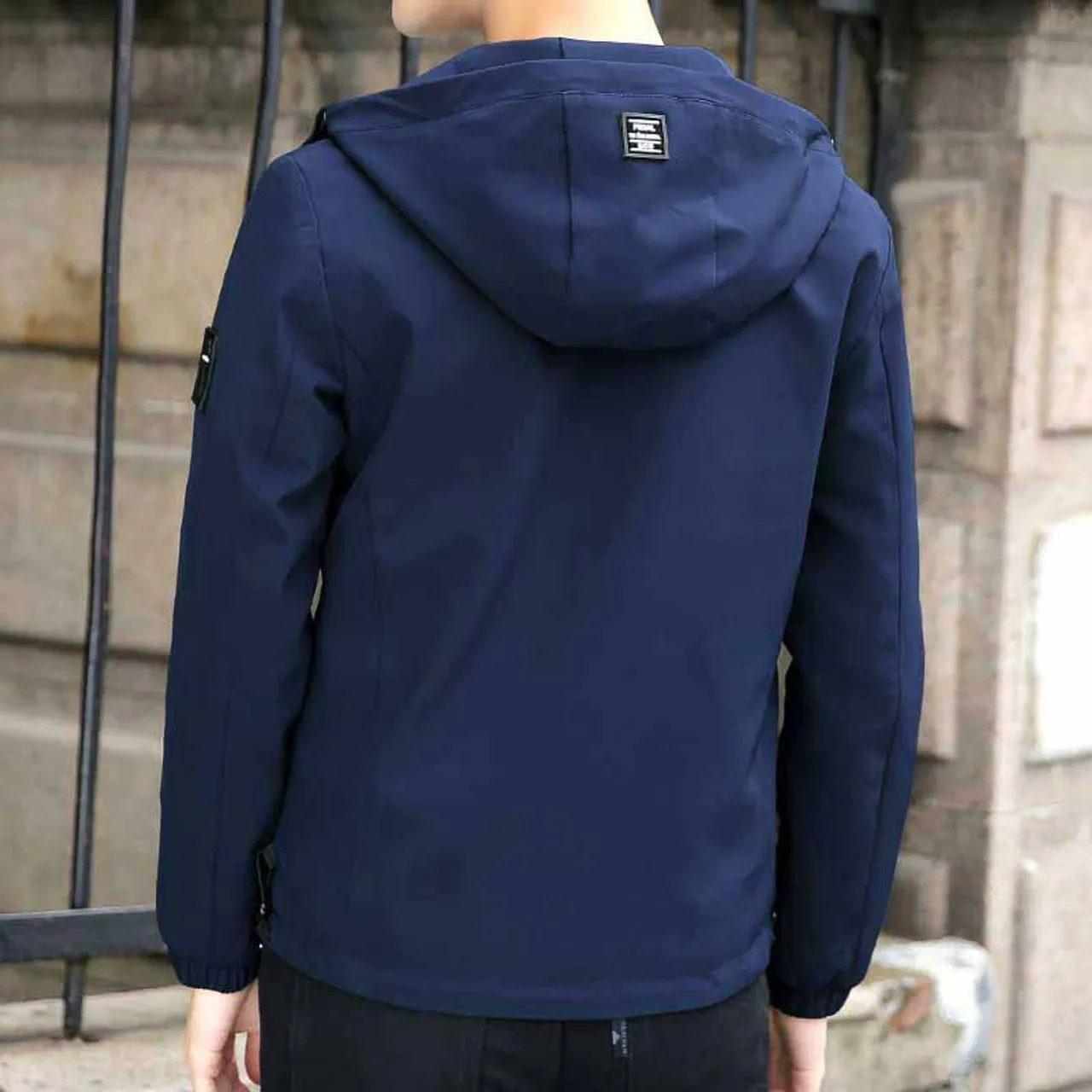 Navy label pattern long sleeve zip jacket hoodies