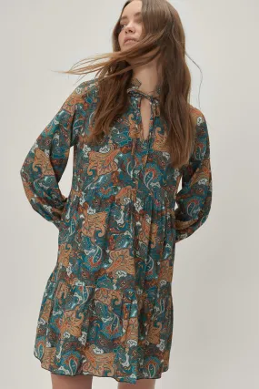 Paisley Print Tie Neck Mini Smock Dress