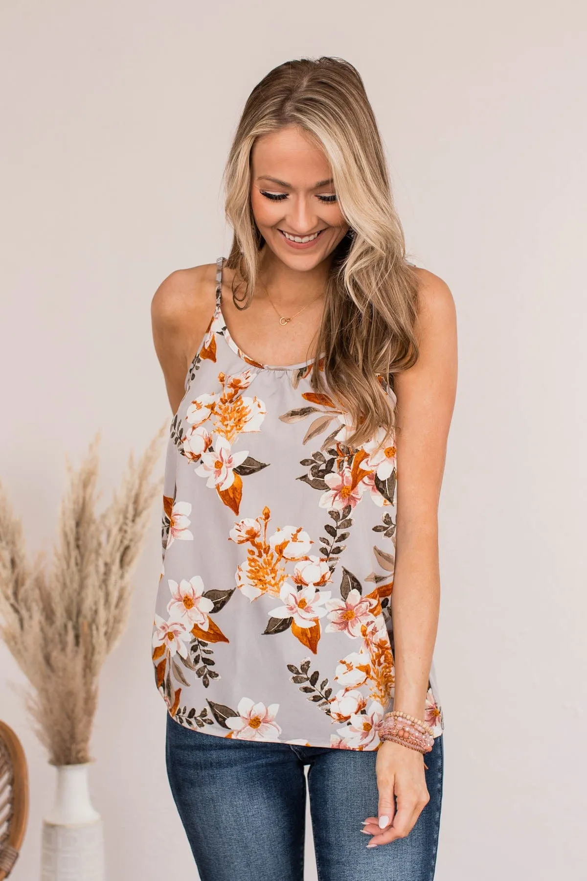 Perfect Isn't Easy Floral Tank Top- Gray