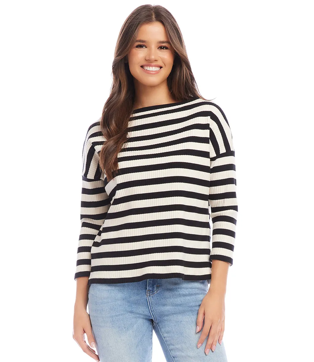 Petite Size Stripe Three Quarter Sleeve Boatneck Top